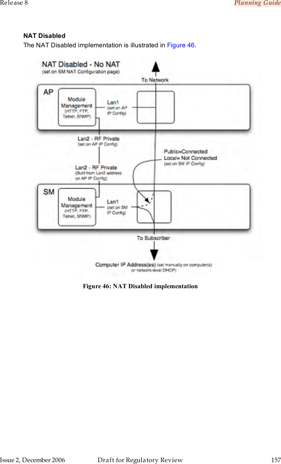 Release 8    Planning Guide                  March 200                  Through Software Release 6.   Issue 2, December 2006  Draft for Regulatory Review  157     NAT Disabled The NAT Disabled implementation is illustrated in Figure 46.  Figure 46: NAT Disabled implementation 