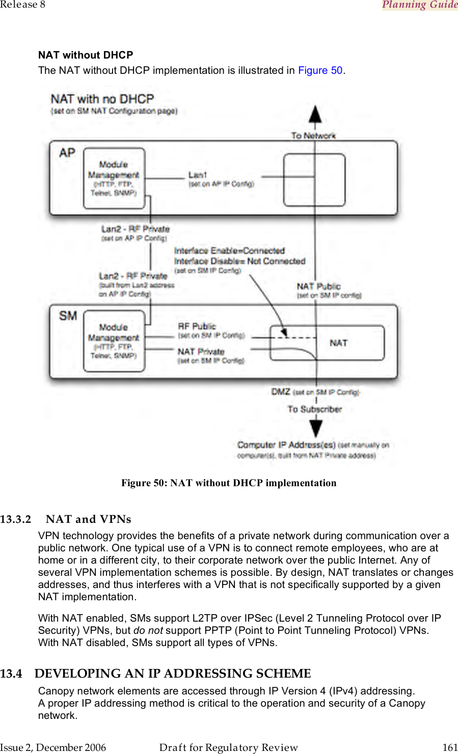 Release 8    Planning Guide                  March 200                  Through Software Release 6.   Issue 2, December 2006  Draft for Regulatory Review  161     NAT without DHCP The NAT without DHCP implementation is illustrated in Figure 50.  Figure 50: NAT without DHCP implementation  13.3.2 NAT and VPNs VPN technology provides the benefits of a private network during communication over a public network. One typical use of a VPN is to connect remote employees, who are at home or in a different city, to their corporate network over the public Internet. Any of several VPN implementation schemes is possible. By design, NAT translates or changes addresses, and thus interferes with a VPN that is not specifically supported by a given NAT implementation. With NAT enabled, SMs support L2TP over IPSec (Level 2 Tunneling Protocol over IP Security) VPNs, but do not support PPTP (Point to Point Tunneling Protocol) VPNs. With NAT disabled, SMs support all types of VPNs. 13.4 DEVELOPING AN IP ADDRESSING SCHEME Canopy network elements are accessed through IP Version 4 (IPv4) addressing.  A proper IP addressing method is critical to the operation and security of a Canopy network. 