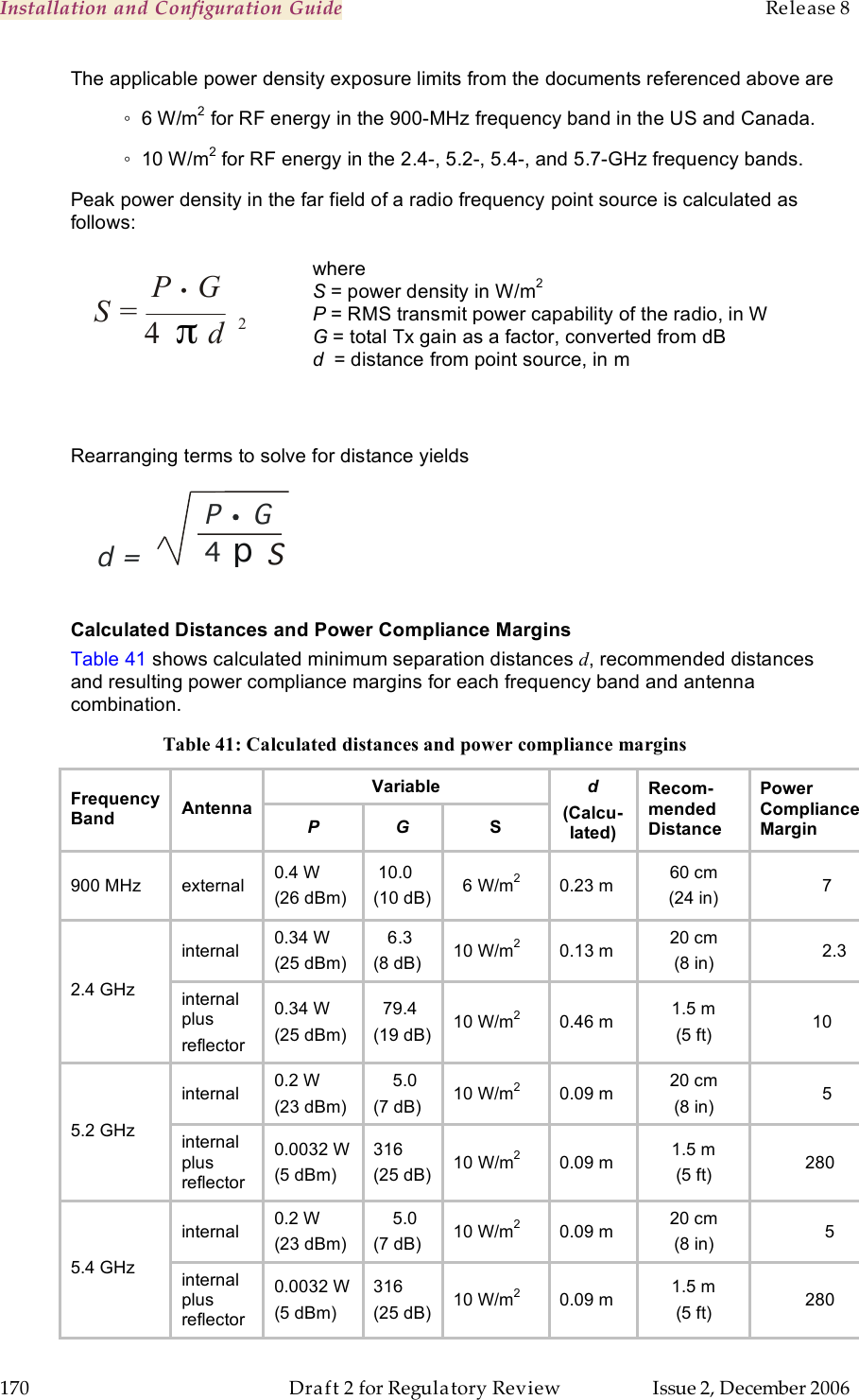 Installation and Configuration Guide    Release 8   170  Draft 2 for Regulatory Review  Issue 2, December 2006 The applicable power density exposure limits from the documents referenced above are   ◦  6 W/m2 for RF energy in the 900-MHz frequency band in the US and Canada. ◦  10 W/m2 for RF energy in the 2.4-, 5.2-, 5.4-, and 5.7-GHz frequency bands.  Peak power density in the far field of a radio frequency point source is calculated as follows:   where S = power density in W/m2 P = RMS transmit power capability of the radio, in W G = total Tx gain as a factor, converted from dB d  = distance from point source, in m Rearranging terms to solve for distance yields  P  G   . 4  p d  S=    Calculated Distances and Power Compliance Margins Table 41 shows calculated minimum separation distances d, recommended distances and resulting power compliance margins for each frequency band and antenna combination. Table 41: Calculated distances and power compliance margins Variable Frequency Band Antenna P G S d (Calcu-lated) Recom-mended Distance Power Compliance Margin 900 MHz external 0.4 W (26 dBm)  10.0 (10 dB)   6 W/m2 0.23 m 60 cm (24 in)    7 internal  0.34 W (25 dBm)    6.3 (8 dB) 10 W/m2 0.13 m 20 cm (8 in)       2.3 2.4 GHz internal plus reflector 0.34 W (25 dBm)   79.4 (19 dB) 10 W/m2 0.46 m 1.5 m (5 ft)  10 internal  0.2 W (23 dBm)     5.0 (7 dB) 10 W/m2 0.09 m 20 cm (8 in)    5 5.2 GHz internal plus reflector  0.0032 W (5 dBm) 316 (25 dB) 10 W/m2 0.09 m 1.5 m (5 ft) 280 internal  0.2 W (23 dBm)     5.0 (7 dB) 10 W/m2 0.09 m 20 cm (8 in)     5 5.4 GHz internal plus reflector  0.0032 W (5 dBm) 316 (25 dB) 10 W/m2 0.09 m 1.5 m (5 ft) 280 S =  P •      G   4  π d        2 