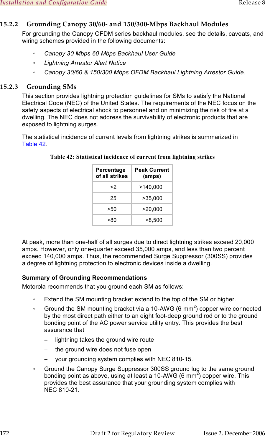 Installation and Configuration Guide    Release 8   172  Draft 2 for Regulatory Review  Issue 2, December 2006 15.2.2 Grounding Canopy 30/60- and 150/300-Mbps Backhaul Modules For grounding the Canopy OFDM series backhaul modules, see the details, caveats, and wiring schemes provided in the following documents: ◦ Canopy 30 Mbps 60 Mbps Backhaul User Guide ◦ Lightning Arrestor Alert Notice ◦ Canopy 30/60 &amp; 150/300 Mbps OFDM Backhaul Lightning Arrestor Guide.  15.2.3 Grounding SMs This section provides lightning protection guidelines for SMs to satisfy the National Electrical Code (NEC) of the United States. The requirements of the NEC focus on the safety aspects of electrical shock to personnel and on minimizing the risk of fire at a dwelling. The NEC does not address the survivability of electronic products that are exposed to lightning surges. The statistical incidence of current levels from lightning strikes is summarized in  Table 42. Table 42: Statistical incidence of current from lightning strikes Percentage of all strikes Peak Current (amps)   &lt;2    &gt;140,000   25      &gt;35,000 &gt;50      &gt;20,000 &gt;80        &gt;8,500   At peak, more than one-half of all surges due to direct lightning strikes exceed 20,000 amps. However, only one-quarter exceed 35,000 amps, and less than two percent exceed 140,000 amps. Thus, the recommended Surge Suppressor (300SS) provides a degree of lightning protection to electronic devices inside a dwelling. Summary of Grounding Recommendations Motorola recommends that you ground each SM as follows: ◦  Extend the SM mounting bracket extend to the top of the SM or higher. ◦  Ground the SM mounting bracket via a 10-AWG (6 mm2) copper wire connected by the most direct path either to an eight foot-deep ground rod or to the ground bonding point of the AC power service utility entry. This provides the best assurance that  −  lightning takes the ground wire route −  the ground wire does not fuse open −  your grounding system complies with NEC 810-15.  ◦  Ground the Canopy Surge Suppressor 300SS ground lug to the same ground bonding point as above, using at least a 10-AWG (6 mm2) copper wire. This provides the best assurance that your grounding system complies with  NEC 810-21. 