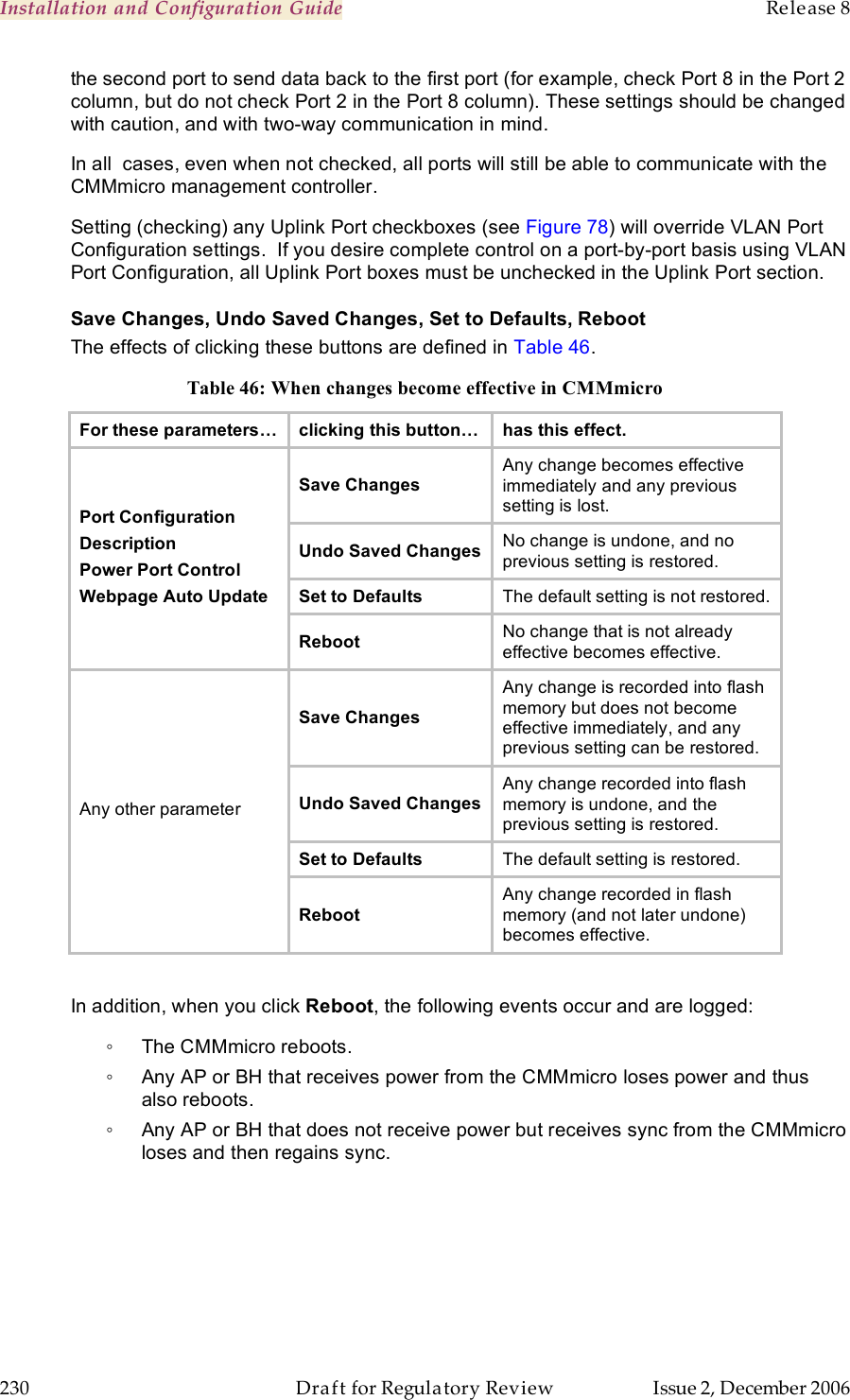 Installation and Configuration Guide    Release 8   230  Draft for Regulatory Review  Issue 2, December 2006 the second port to send data back to the first port (for example, check Port 8 in the Port 2 column, but do not check Port 2 in the Port 8 column). These settings should be changed with caution, and with two-way communication in mind. In all  cases, even when not checked, all ports will still be able to communicate with the CMMmicro management controller. Setting (checking) any Uplink Port checkboxes (see Figure 78) will override VLAN Port Configuration settings.  If you desire complete control on a port-by-port basis using VLAN Port Configuration, all Uplink Port boxes must be unchecked in the Uplink Port section. Save Changes, Undo Saved Changes, Set to Defaults, Reboot The effects of clicking these buttons are defined in Table 46. Table 46: When changes become effective in CMMmicro For these parameters… clicking this button… has this effect. Save Changes Any change becomes effective  immediately and any previous  setting is lost. Undo Saved Changes No change is undone, and no previous setting is restored. Set to Defaults The default setting is not restored. Port Configuration Description Power Port Control Webpage Auto Update Reboot No change that is not already effective becomes effective.  Save Changes Any change is recorded into flash memory but does not become effective immediately, and any previous setting can be restored. Undo Saved Changes Any change recorded into flash memory is undone, and the previous setting is restored. Set to Defaults The default setting is restored. Any other parameter Reboot Any change recorded in flash memory (and not later undone) becomes effective.  In addition, when you click Reboot, the following events occur and are logged: ◦  The CMMmicro reboots. ◦  Any AP or BH that receives power from the CMMmicro loses power and thus also reboots. ◦  Any AP or BH that does not receive power but receives sync from the CMMmicro loses and then regains sync. 