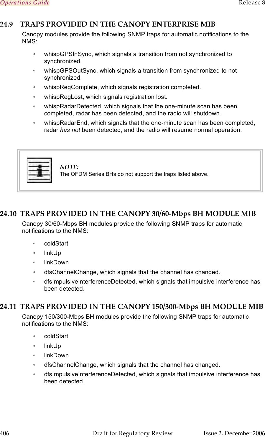 Operations Guide    Release 8   406  Draft for Regulatory Review  Issue 2, December 2006 24.9 TRAPS PROVIDED IN THE CANOPY ENTERPRISE MIB Canopy modules provide the following SNMP traps for automatic notifications to the NMS: ◦  whispGPSInSync, which signals a transition from not synchronized to synchronized. ◦  whispGPSOutSync, which signals a transition from synchronized to not synchronized. ◦  whispRegComplete, which signals registration completed. ◦  whispRegLost, which signals registration lost. ◦  whispRadarDetected, which signals that the one-minute scan has been completed, radar has been detected, and the radio will shutdown. ◦  whispRadarEnd, which signals that the one-minute scan has been completed, radar has not been detected, and the radio will resume normal operation.   NOTE: The OFDM Series BHs do not support the traps listed above.  24.10 TRAPS PROVIDED IN THE CANOPY 30/60-Mbps BH MODULE MIB Canopy 30/60-Mbps BH modules provide the following SNMP traps for automatic notifications to the NMS: ◦  coldStart ◦  linkUp ◦  linkDown ◦  dfsChannelChange, which signals that the channel has changed. ◦  dfsImpulsiveInterferenceDetected, which signals that impulsive interference has been detected. 24.11 TRAPS PROVIDED IN THE CANOPY 150/300-Mbps BH MODULE MIB Canopy 150/300-Mbps BH modules provide the following SNMP traps for automatic notifications to the NMS: ◦  coldStart ◦  linkUp ◦  linkDown ◦  dfsChannelChange, which signals that the channel has changed. ◦  dfsImpulsiveInterferenceDetected, which signals that impulsive interference has been detected. 