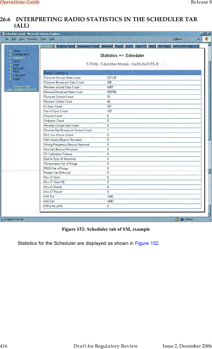 Operations Guide    Release 8   416  Draft for Regulatory Review  Issue 2, December 2006 26.6 INTERPRETING RADIO STATISTICS IN THE SCHEDULER TAB (ALL)  Figure 152: Scheduler tab of SM, example  Statistics for the Scheduler are displayed as shown in Figure 152. 