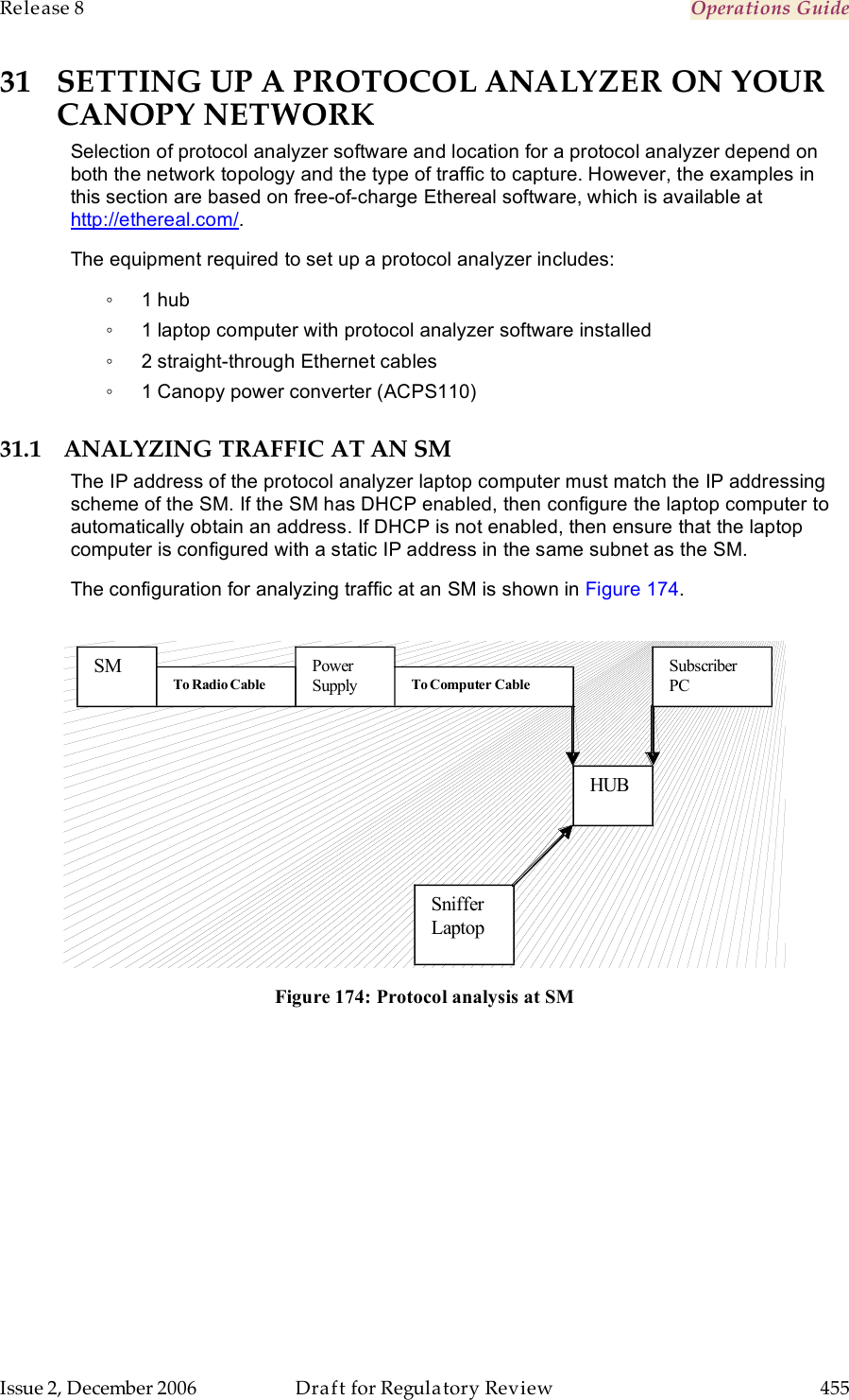 Release 8    Operations Guide   Issue 2, December 2006  Draft for Regulatory Review  455     31 SETTING UP A PROTOCOL ANALYZER ON YOUR CANOPY NETWORK Selection of protocol analyzer software and location for a protocol analyzer depend on both the network topology and the type of traffic to capture. However, the examples in this section are based on free-of-charge Ethereal software, which is available at http://ethereal.com/. The equipment required to set up a protocol analyzer includes: ◦  1 hub ◦  1 laptop computer with protocol analyzer software installed ◦  2 straight-through Ethernet cables ◦  1 Canopy power converter (ACPS110) 31.1 ANALYZING TRAFFIC AT AN SM The IP address of the protocol analyzer laptop computer must match the IP addressing scheme of the SM. If the SM has DHCP enabled, then configure the laptop computer to automatically obtain an address. If DHCP is not enabled, then ensure that the laptop computer is configured with a static IP address in the same subnet as the SM. The configuration for analyzing traffic at an SM is shown in Figure 174.   Subscriber PC Power Supply  SM HUB Sniffer Laptop  To Computer Cable  To Radio Cable   Figure 174: Protocol analysis at SM 