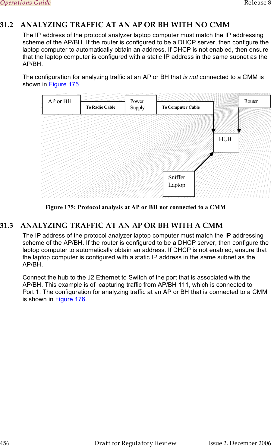 Operations Guide    Release 8   456  Draft for Regulatory Review  Issue 2, December 2006 31.2 ANALYZING TRAFFIC AT AN AP OR BH WITH NO CMM The IP address of the protocol analyzer laptop computer must match the IP addressing scheme of the AP/BH. If the router is configured to be a DHCP server, then configure the laptop computer to automatically obtain an address. If DHCP is not enabled, then ensure that the laptop computer is configured with a static IP address in the same subnet as the AP/BH. The configuration for analyzing traffic at an AP or BH that is not connected to a CMM is shown in Figure 175.  Router  Power Supply  AP or BH  HUB Sniffer Laptop  To Computer Cable  To Radio Cable   Figure 175: Protocol analysis at AP or BH not connected to a CMM 31.3 ANALYZING TRAFFIC AT AN AP OR BH WITH A CMM The IP address of the protocol analyzer laptop computer must match the IP addressing scheme of the AP/BH. If the router is configured to be a DHCP server, then configure the laptop computer to automatically obtain an address. If DHCP is not enabled, ensure that the laptop computer is configured with a static IP address in the same subnet as the AP/BH.  Connect the hub to the J2 Ethernet to Switch of the port that is associated with the AP/BH. This example is of  capturing traffic from AP/BH 111, which is connected to  Port 1. The configuration for analyzing traffic at an AP or BH that is connected to a CMM is shown in Figure 176.  