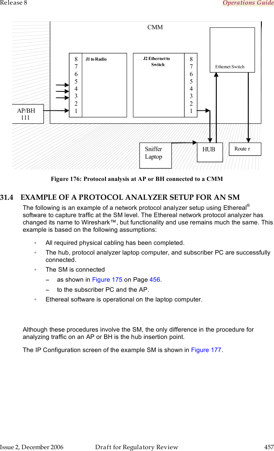 Release 8    Operations Guide   Issue 2, December 2006  Draft for Regulatory Review  457      CMM Route r AP/BH    111  HUB Sniffer Laptop  J2 Ethernet to Switch  J1 to Radio  87 6 5 4 3 2 1 8 7 6 5 4 3 2 1      Ethernet Switch   Figure 176: Protocol analysis at AP or BH connected to a CMM 31.4 EXAMPLE OF A PROTOCOL ANALYZER SETUP FOR AN SM The following is an example of a network protocol analyzer setup using Ethereal® software to capture traffic at the SM level. The Ethereal network protocol analyzer has changed its name to Wireshark™, but functionality and use remains much the same. This example is based on the following assumptions: ◦  All required physical cabling has been completed. ◦  The hub, protocol analyzer laptop computer, and subscriber PC are successfully connected. ◦  The SM is connected  −  as shown in Figure 175 on Page 456. −  to the subscriber PC and the AP. ◦  Ethereal software is operational on the laptop computer.   Although these procedures involve the SM, the only difference in the procedure for analyzing traffic on an AP or BH is the hub insertion point. The IP Configuration screen of the example SM is shown in Figure 177. 