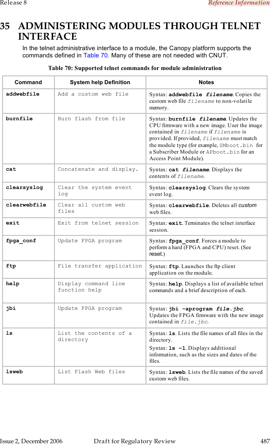 Release 8    Reference Information   Issue 2, December 2006  Draft for Regulatory Review  487     35 ADMINISTERING MODULES THROUGH TELNET INTERFACE In the telnet administrative interface to a module, the Canopy platform supports the commands defined in Table 70. Many of these are not needed with CNUT. Table 70: Supported telnet commands for module administration Command  System help Definition  Notes  addwebfile  Add a custom web file  Syntax: addwebfile filename. Copies the custom web file filename to non-volatile memory.  burnfile  Burn flash from file  Syntax: burnfile filename. Updates the CPU firmware with a new image. User the image contained in filename if filename is provided. If provided, filename must match the module type (for example, SMboot.bin for a Subscriber Module or APboot.bin for an Access Point Module).  cat  Concatenate and display.  Syntax: cat filename. Displays the contents of filename.  clearsyslog  Clear the system event log  Syntax: clearsyslog. Clears the system event log.  clearwebfile  Clear all custom web files  Syntax: clearwebfile. Deletes all custom web files.  exit  Exit from telnet session  Syntax: exit. Terminates the telnet interface session.  fpga_conf  Update FPGA program  Syntax: fpga_conf. Forces a module to perform a hard (FPGA and CPU) reset. (See reset.)  ftp  File transfer application  Syntax: ftp. Launches the ftp client application on the module.  help  Display command line function help  Syntax: help. Displays a list of available telnet commands and a brief description of each.  jbi  Update FPGA program  Syntax: jbi –aprogram file.jbc. Updates the FPGA firmware with the new image contained in file.jbc.  ls  List the contents of a directory  Syntax: ls. Lists the file names of all files in the directory.  Syntax: ls –l. Displays additional information, such as the sizes and dates of the files. lsweb  List Flash Web files  Syntax: lsweb. Lists the file names of the saved custom web files.  