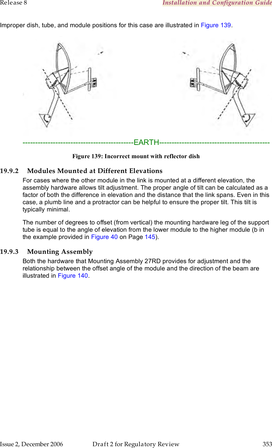 Release 8    Installation and Configuration Guide   Issue 2, December 2006  Draft 2 for Regulatory Review  353     Improper dish, tube, and module positions for this case are illustrated in Figure 139.     --------------------------------------------EARTH-------------------------------------------- Figure 139: Incorrect mount with reflector dish 19.9.2 Modules Mounted at Different Elevations For cases where the other module in the link is mounted at a different elevation, the assembly hardware allows tilt adjustment. The proper angle of tilt can be calculated as a factor of both the difference in elevation and the distance that the link spans. Even in this case, a plumb line and a protractor can be helpful to ensure the proper tilt. This tilt is typically minimal. The number of degrees to offset (from vertical) the mounting hardware leg of the support tube is equal to the angle of elevation from the lower module to the higher module (b in the example provided in Figure 40 on Page 145). 19.9.3 Mounting Assembly Both the hardware that Mounting Assembly 27RD provides for adjustment and the relationship between the offset angle of the module and the direction of the beam are illustrated in Figure 140.  