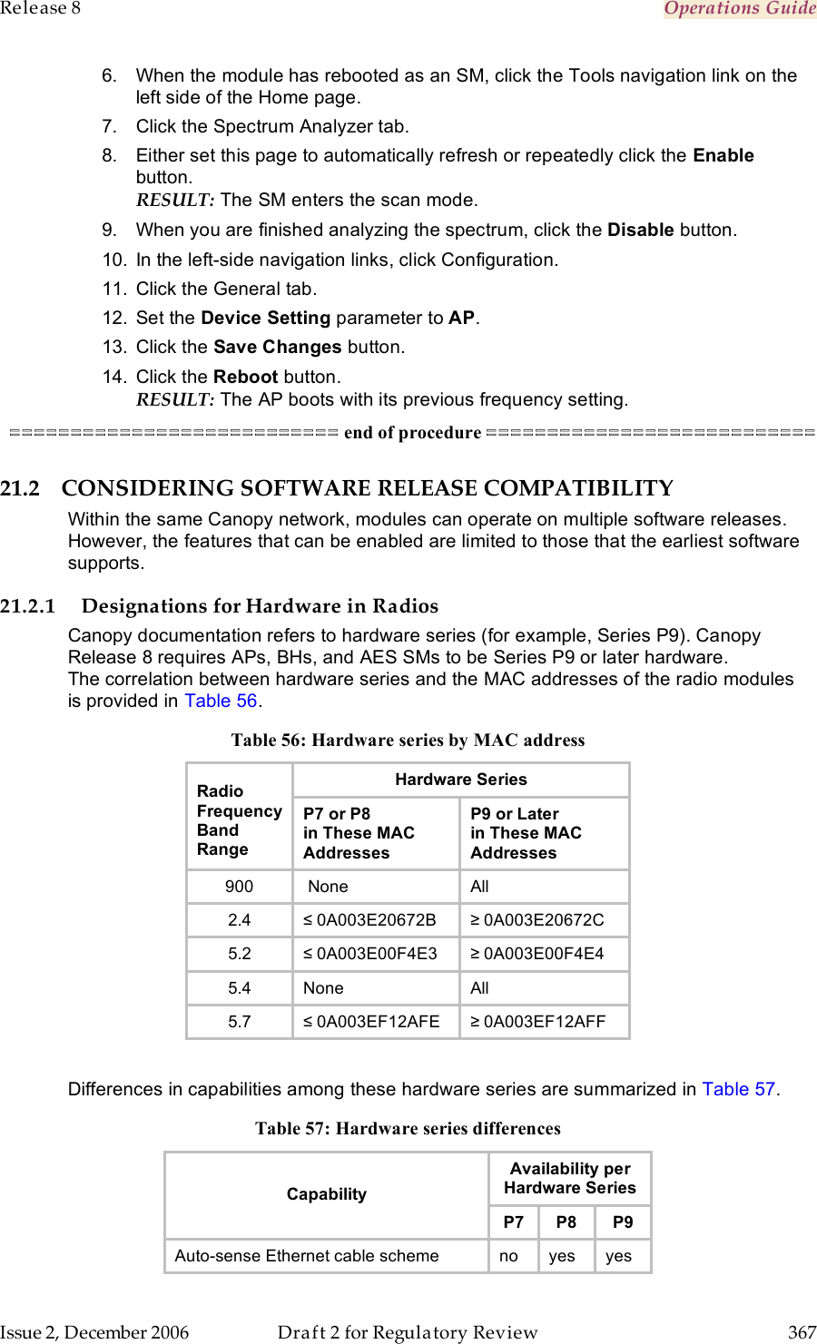 Release 8    Operations Guide   Issue 2, December 2006  Draft 2 for Regulatory Review  367     6.  When the module has rebooted as an SM, click the Tools navigation link on the left side of the Home page. 7.  Click the Spectrum Analyzer tab. 8.  Either set this page to automatically refresh or repeatedly click the Enable button. RESULT: The SM enters the scan mode.  9.  When you are finished analyzing the spectrum, click the Disable button. 10.  In the left-side navigation links, click Configuration. 11.  Click the General tab. 12.  Set the Device Setting parameter to AP. 13.  Click the Save Changes button. 14.  Click the Reboot button. RESULT: The AP boots with its previous frequency setting. =========================== end of procedure =========================== 21.2 CONSIDERING SOFTWARE RELEASE COMPATIBILITY Within the same Canopy network, modules can operate on multiple software releases. However, the features that can be enabled are limited to those that the earliest software supports. 21.2.1 Designations for Hardware in Radios Canopy documentation refers to hardware series (for example, Series P9). Canopy Release 8 requires APs, BHs, and AES SMs to be Series P9 or later hardware. The correlation between hardware series and the MAC addresses of the radio modules is provided in Table 56. Table 56: Hardware series by MAC address Hardware Series Radio Frequency Band Range P7 or P8  in These MAC Addresses P9 or Later  in These MAC Addresses 900  None All 2.4 ≤ 0A003E20672B ≥ 0A003E20672C 5.2 ≤ 0A003E00F4E3 ≥ 0A003E00F4E4 5.4 None All 5.7 ≤ 0A003EF12AFE ≥ 0A003EF12AFF  Differences in capabilities among these hardware series are summarized in Table 57. Table 57: Hardware series differences Availability per Hardware Series Capability P7 P8 P9 Auto-sense Ethernet cable scheme no yes yes 