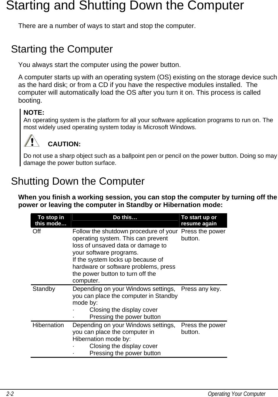     2-2                                                                                                                                           Operating Your Computer Starting and Shutting Down the Computer There are a number of ways to start and stop the computer. Starting the Computer You always start the computer using the power button. A computer starts up with an operating system (OS) existing on the storage device such as the hard disk; or from a CD if you have the respective modules installed.  The computer will automatically load the OS after you turn it on. This process is called booting. NOTE:  An operating system is the platform for all your software application programs to run on. The most widely used operating system today is Microsoft Windows.      CAUTION:  Do not use a sharp object such as a ballpoint pen or pencil on the power button. Doing so may damage the power button surface. Shutting Down the Computer When you finish a working session, you can stop the computer by turning off the power or leaving the computer in Standby or Hibernation mode: To stop in this mode…  Do this…  To start up or resume again Off  Follow the shutdown procedure of your operating system. This can prevent loss of unsaved data or damage to your software programs. If the system locks up because of hardware or software problems, press the power button to turn off the computer. Press the power button. Standby  Depending on your Windows settings, you can place the computer in Standby mode by: ·         Closing the display cover ·         Pressing the power button Press any key. Hibernation  Depending on your Windows settings, you can place the computer in Hibernation mode by: ·         Closing the display cover ·         Pressing the power button Press the power button.  