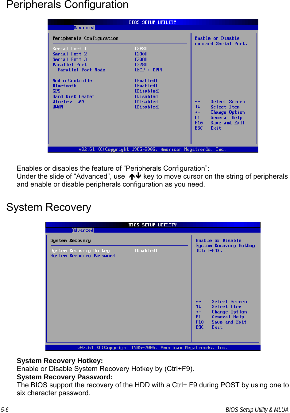 5-6  BIOS Setup Utility &amp; MLUA                                         Peripherals Configuration     Enables or disables the feature of “Peripherals Configuration”: Under the slide of “Advanced”, use  ÏÐ key to move cursor on the string of peripherals and enable or disable peripherals configuration as you need.  System Recovery    System Recovery Hotkey:  Enable or Disable System Recovery Hotkey by (Ctrl+F9). System Recovery Password: The BIOS support the recovery of the HDD with a Ctrl+ F9 during POST by using one to six character password.  