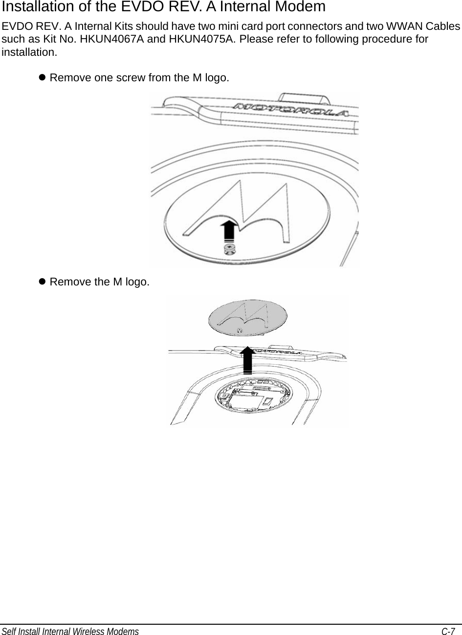 Self Install Internal Wireless Modems   C-7      Installation of the EVDO REV. A Internal Modem EVDO REV. A Internal Kits should have two mini card port connectors and two WWAN Cables such as Kit No. HKUN4067A and HKUN4075A. Please refer to following procedure for installation.  z Remove one screw from the M logo.  z Remove the M logo.   