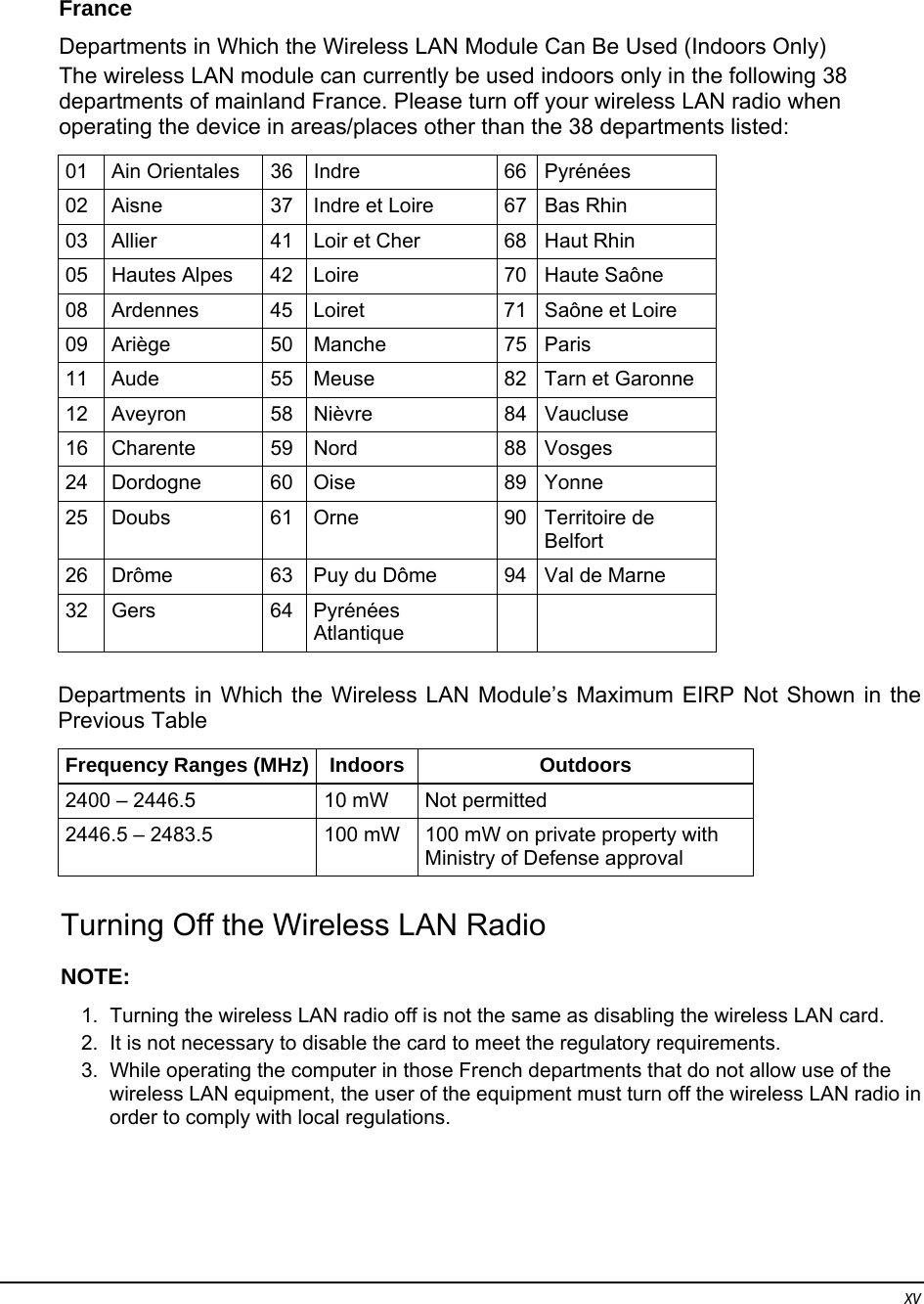 xv France Departments in Which the Wireless LAN Module Can Be Used (Indoors Only) The wireless LAN module can currently be used indoors only in the following 38 departments of mainland France. Please turn off your wireless LAN radio when operating the device in areas/places other than the 38 departments listed: 01 Ain Orientales  36 Indre  66 Pyrénées 02  Aisne  37  Indre et Loire  67 Bas Rhin 03  Allier  41  Loir et Cher  68 Haut Rhin 05  Hautes Alpes  42  Loire  70 Haute Saône 08  Ardennes  45  Loiret  71 Saône et Loire 09 Ariège  50 Manche  75 Paris 11  Aude  55  Meuse  82 Tarn et Garonne 12 Aveyron  58 Nièvre  84 Vaucluse 16 Charente  59 Nord  88 Vosges 24 Dordogne  60 Oise  89 Yonne 25 Doubs  61 Orne  90 Territoire de Belfort 26  Drôme  63  Puy du Dôme  94 Val de Marne 32 Gers  64 Pyrénées Atlantique    Departments in Which the Wireless LAN Module’s Maximum EIRP Not Shown in the Previous Table Frequency Ranges (MHz)  Indoors  Outdoors 2400 – 2446.5  10 mW  Not permitted 2446.5 – 2483.5  100 mW  100 mW on private property with Ministry of Defense approval  Turning Off the Wireless LAN Radio NOTE:  1.  Turning the wireless LAN radio off is not the same as disabling the wireless LAN card.  2.  It is not necessary to disable the card to meet the regulatory requirements. 3.  While operating the computer in those French departments that do not allow use of the wireless LAN equipment, the user of the equipment must turn off the wireless LAN radio in order to comply with local regulations. 