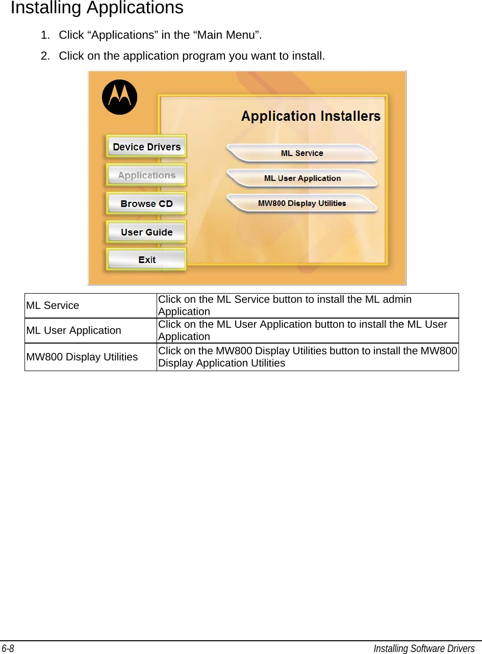  6-8  Installing Software Drivers   Installing Applications 1.  Click “Applications” in the “Main Menu”. 2.  Click on the application program you want to install.  ML Service  Click on the ML Service button to install the ML admin Application  ML User Application  Click on the ML User Application button to install the ML User  Application MW800 Display Utilities  Click on the MW800 Display Utilities button to install the MW800 Display Application Utilities  