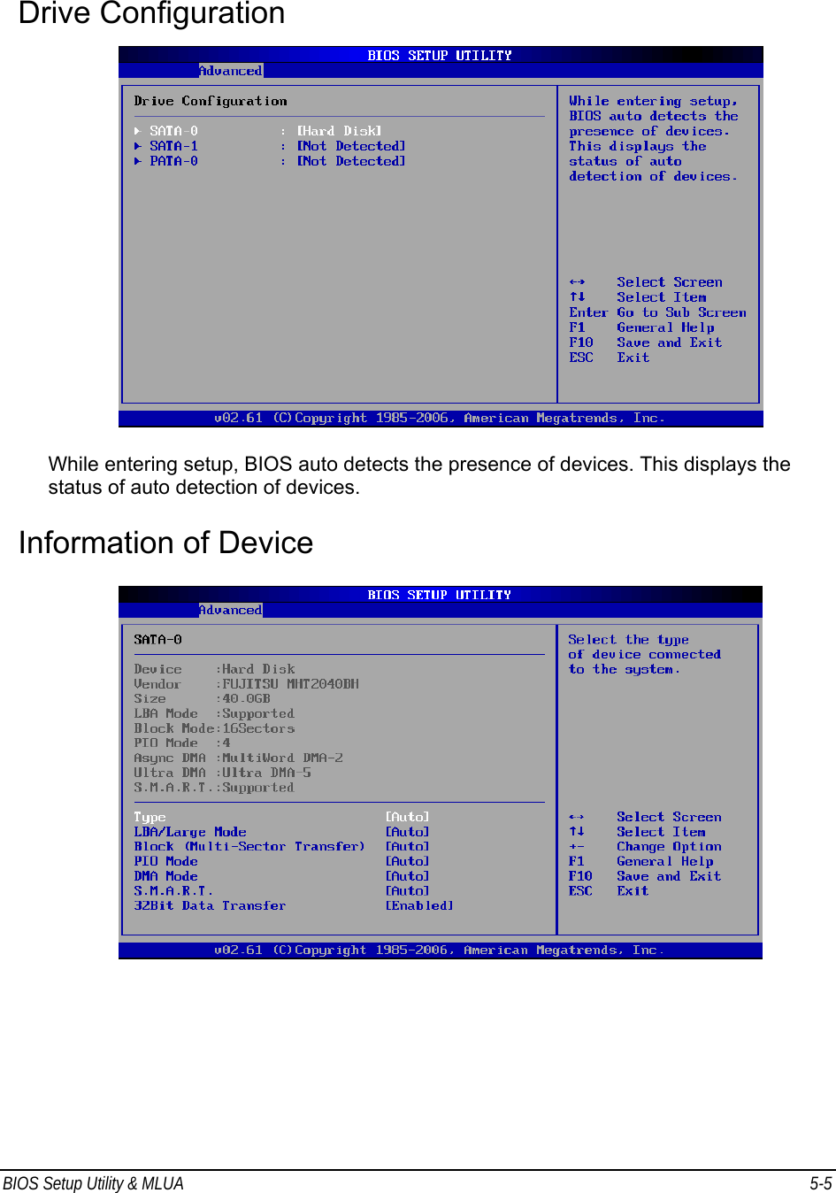 BIOS Setup Utility &amp; MLUA  5-5                                Drive Configuration    While entering setup, BIOS auto detects the presence of devices. This displays the status of auto detection of devices.  Information of Device        