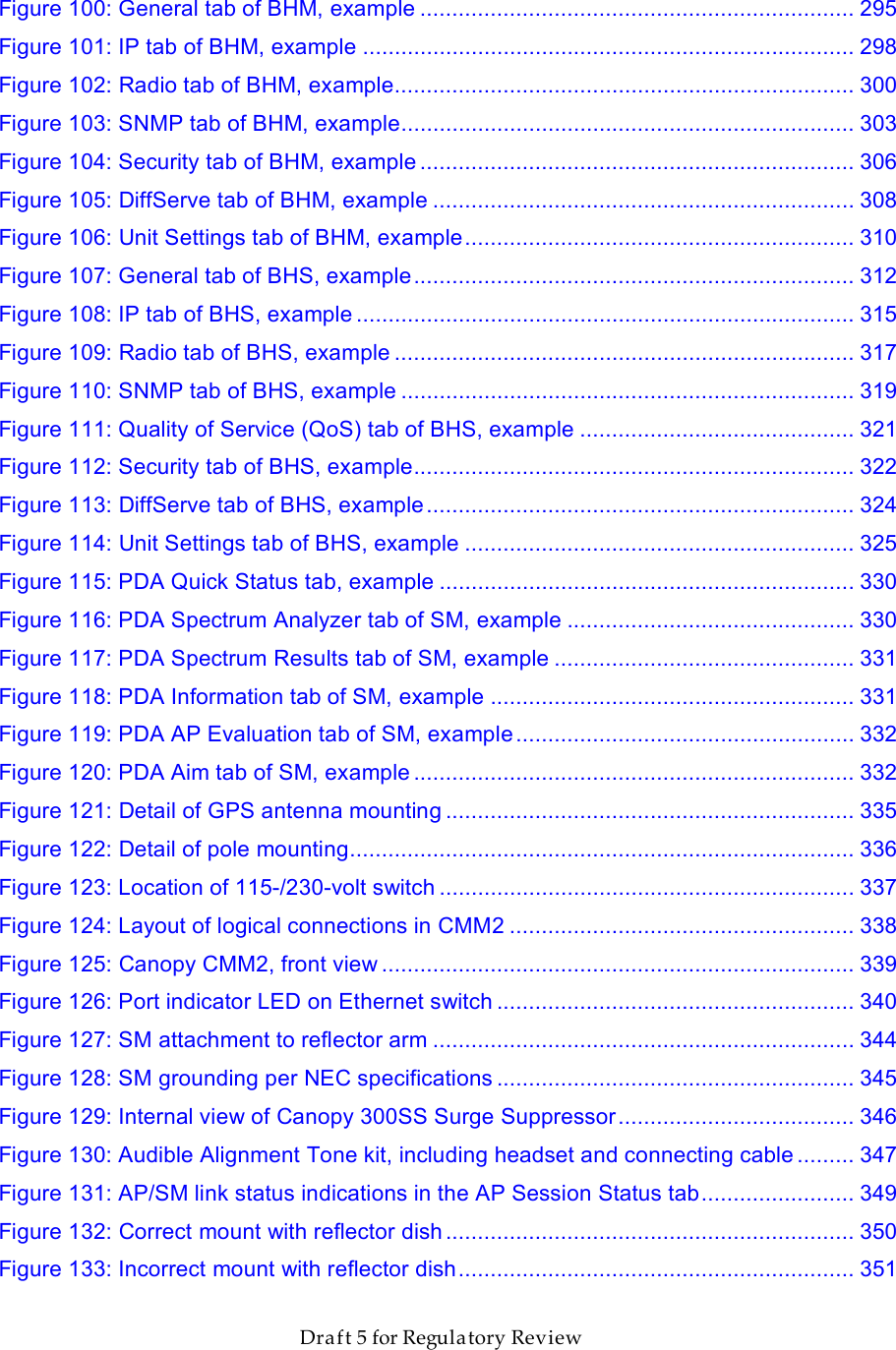                  March 200                  Through Software Release 6.       Draft 5 for Regulatory Review Figure 100: General tab of BHM, example .................................................................... 295 Figure 101: IP tab of BHM, example ............................................................................. 298 Figure 102: Radio tab of BHM, example........................................................................ 300 Figure 103: SNMP tab of BHM, example....................................................................... 303 Figure 104: Security tab of BHM, example .................................................................... 306 Figure 105: DiffServe tab of BHM, example .................................................................. 308 Figure 106: Unit Settings tab of BHM, example............................................................. 310 Figure 107: General tab of BHS, example..................................................................... 312 Figure 108: IP tab of BHS, example .............................................................................. 315 Figure 109: Radio tab of BHS, example ........................................................................ 317 Figure 110: SNMP tab of BHS, example ....................................................................... 319 Figure 111: Quality of Service (QoS) tab of BHS, example ........................................... 321 Figure 112: Security tab of BHS, example..................................................................... 322 Figure 113: DiffServe tab of BHS, example................................................................... 324 Figure 114: Unit Settings tab of BHS, example ............................................................. 325 Figure 115: PDA Quick Status tab, example ................................................................. 330 Figure 116: PDA Spectrum Analyzer tab of SM, example ............................................. 330 Figure 117: PDA Spectrum Results tab of SM, example ............................................... 331 Figure 118: PDA Information tab of SM, example ......................................................... 331 Figure 119: PDA AP Evaluation tab of SM, example ..................................................... 332 Figure 120: PDA Aim tab of SM, example ..................................................................... 332 Figure 121: Detail of GPS antenna mounting ................................................................ 335 Figure 122: Detail of pole mounting............................................................................... 336 Figure 123: Location of 115-/230-volt switch ................................................................. 337 Figure 124: Layout of logical connections in CMM2 ...................................................... 338 Figure 125: Canopy CMM2, front view .......................................................................... 339 Figure 126: Port indicator LED on Ethernet switch ........................................................ 340 Figure 127: SM attachment to reflector arm .................................................................. 344 Figure 128: SM grounding per NEC specifications ........................................................ 345 Figure 129: Internal view of Canopy 300SS Surge Suppressor..................................... 346 Figure 130: Audible Alignment Tone kit, including headset and connecting cable ......... 347 Figure 131: AP/SM link status indications in the AP Session Status tab........................ 349 Figure 132: Correct mount with reflector dish ................................................................ 350 Figure 133: Incorrect mount with reflector dish.............................................................. 351 