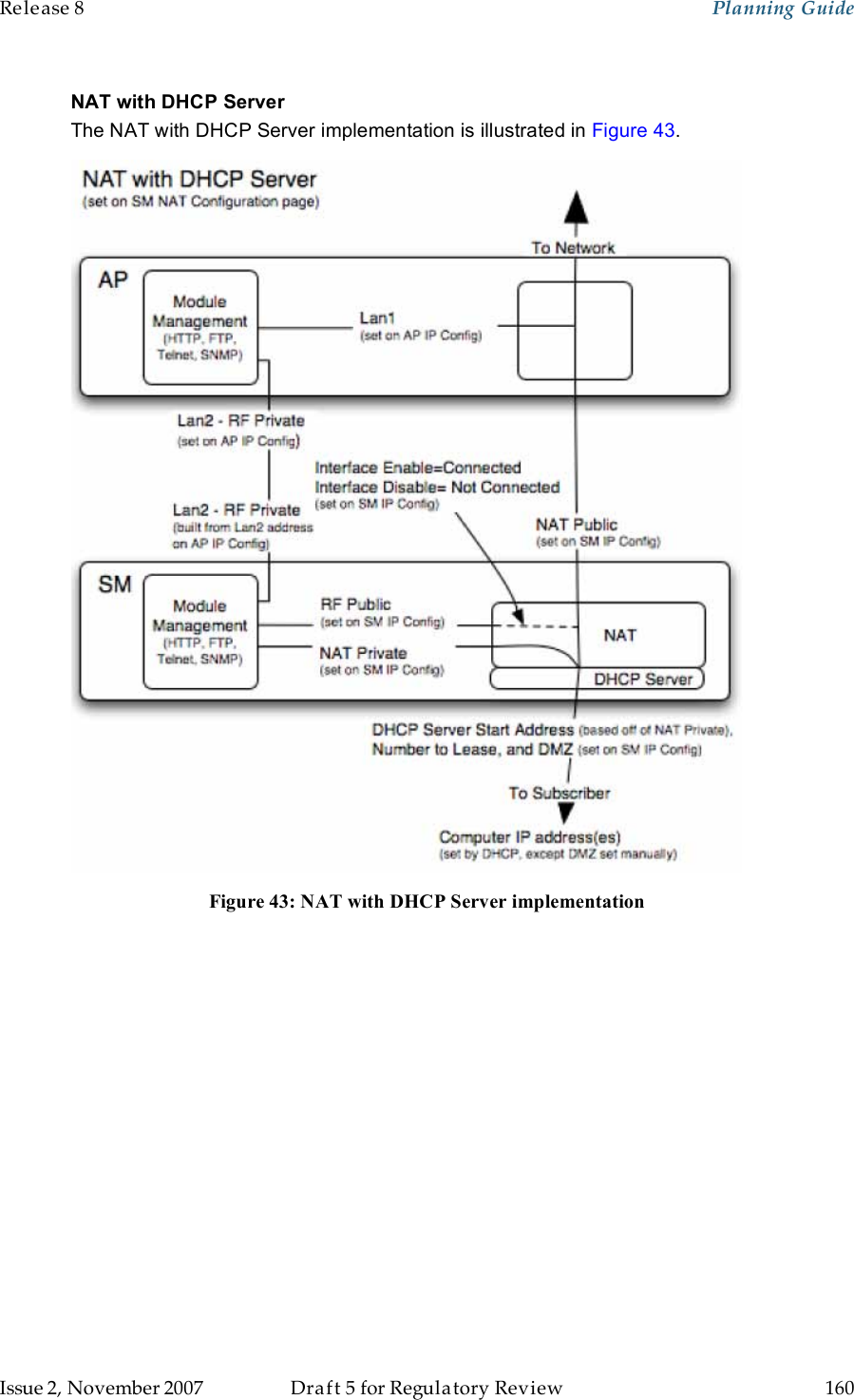 Release 8    Planning Guide                  March 200                  Through Software Release 6.   Issue 2, November 2007  Draft 5 for Regulatory Review  160     NAT with DHCP Server The NAT with DHCP Server implementation is illustrated in Figure 43.  Figure 43: NAT with DHCP Server implementation 