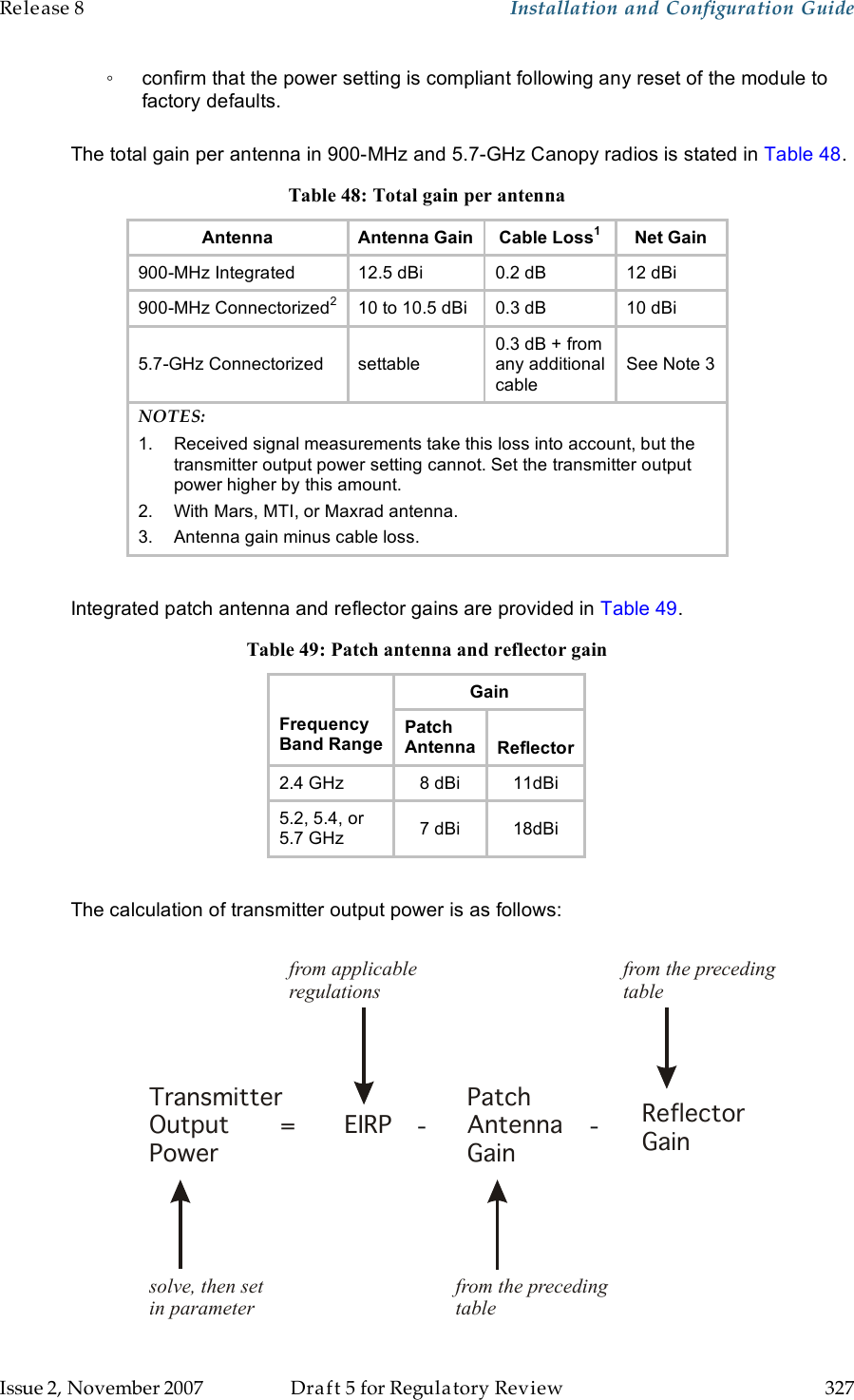 Release 8    Installation and Configuration Guide   Issue 2, November 2007  Draft 5 for Regulatory Review  327     ◦  confirm that the power setting is compliant following any reset of the module to factory defaults.  The total gain per antenna in 900-MHz and 5.7-GHz Canopy radios is stated in Table 48. Table 48: Total gain per antenna Antenna Antenna Gain Cable Loss1 Net Gain 900-MHz Integrated 12.5 dBi 0.2 dB 12 dBi 900-MHz Connectorized2 10 to 10.5 dBi 0.3 dB 10 dBi 5.7-GHz Connectorized settable 0.3 dB + from any additional cable See Note 3 NOTES: 1.  Received signal measurements take this loss into account, but the transmitter output power setting cannot. Set the transmitter output power higher by this amount. 2.  With Mars, MTI, or Maxrad antenna. 3.  Antenna gain minus cable loss.  Integrated patch antenna and reflector gains are provided in Table 49. Table 49: Patch antenna and reflector gain Gain Frequency Band Range Patch Antenna Reflector 2.4 GHz 8 dBi 11dBi 5.2, 5.4, or 5.7 GHz 7 dBi 18dBi  The calculation of transmitter output power is as follows:  TransmitterOutput Power= EIRPPatch Antenna GainReflector Gain- -solve, then setin parameterfrom applicableregulationsfrom the precedingtablefrom the precedingtable 