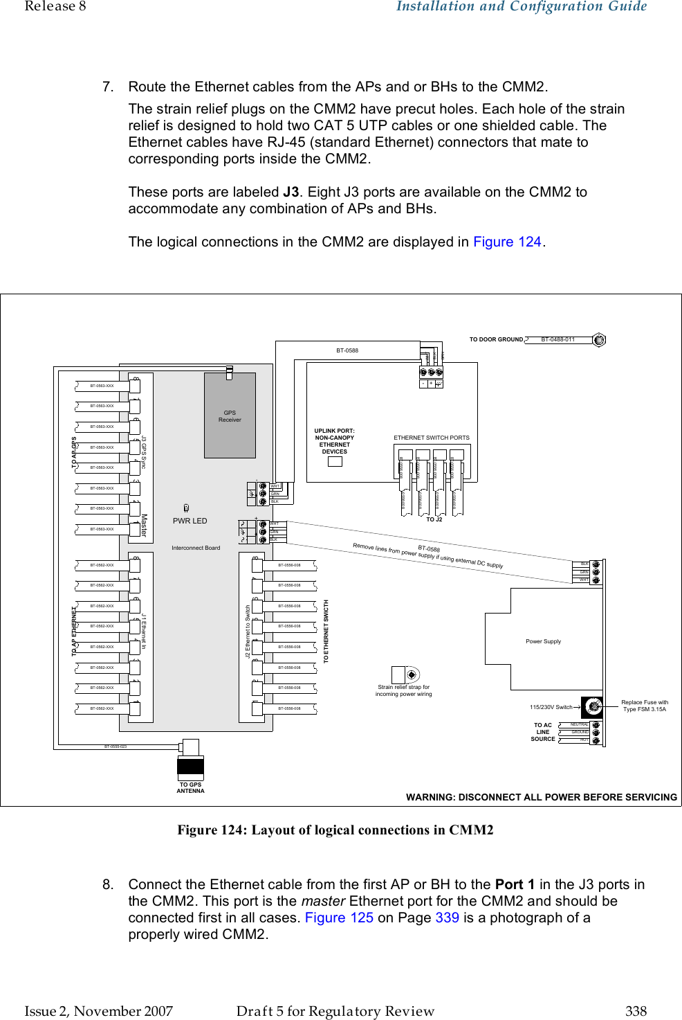 Release 8    Installation and Configuration Guide   Issue 2, November 2007  Draft 5 for Regulatory Review  338      7.  Route the Ethernet cables from the APs and or BHs to the CMM2. The strain relief plugs on the CMM2 have precut holes. Each hole of the strain relief is designed to hold two CAT 5 UTP cables or one shielded cable. The Ethernet cables have RJ-45 (standard Ethernet) connectors that mate to corresponding ports inside the CMM2.   These ports are labeled J3. Eight J3 ports are available on the CMM2 to accommodate any combination of APs and BHs.   The logical connections in the CMM2 are displayed in Figure 124.  J3 GPS Sync87654321J1 Ethernet In876 5 4 3 2 1UPLINK PORT:NON-CANOPYETHERNETDEVICESJ2 Ethernet to Switch87654321BLKWHTGRNBLKWHTGRNBLKWHTGRNBLKBT-0588BLKGRNWHTNEUTRALGROUNDHOTTO ACLINESOURCEBT-0488-011TO DOOR GROUNDBT-0563-XXXBT-0563-XXXBT-0563-XXXBT-0563-XXXBT-0563-XXXBT-0563-XXXBT-0563-XXXBT-0563-XXXBT-0562-XXXBT-0562-XXXBT-0562-XXXBT-0562-XXXBT-0562-XXXBT-0562-XXXBT-0562-XXXBT-0562-XXXTO AP GPSTO AP ETHERNETETHERNET SWITCH PORTSBT-0556-008BT-0556-008BT-0556-008BT-0556-008BT-0556-008BT-0556-008BT-0556-008BT-0556-008TO ETHERNET SWICTH             BT-0556-008BT-0556-008             BT-0556-008BT-0556-008             BT-0556-008BT-0556-008             BT-0556-008BT-0556-008TO J2TO GPSANTENNABT-0555-023Interconnect BoardGPSReceiverPower SupplyStrain relief strap forincoming power wiringWARNING: DISCONNECT ALL POWER BEFORE SERVICING+-+ -115/230V Switch Replace Fuse withType FSM 3.15A+ - +BT-0588Remove lines from power supply if using external DC supplyMasterPWR LED Figure 124: Layout of logical connections in CMM2  8.  Connect the Ethernet cable from the first AP or BH to the Port 1 in the J3 ports in the CMM2. This port is the master Ethernet port for the CMM2 and should be connected first in all cases. Figure 125 on Page 339 is a photograph of a properly wired CMM2.   