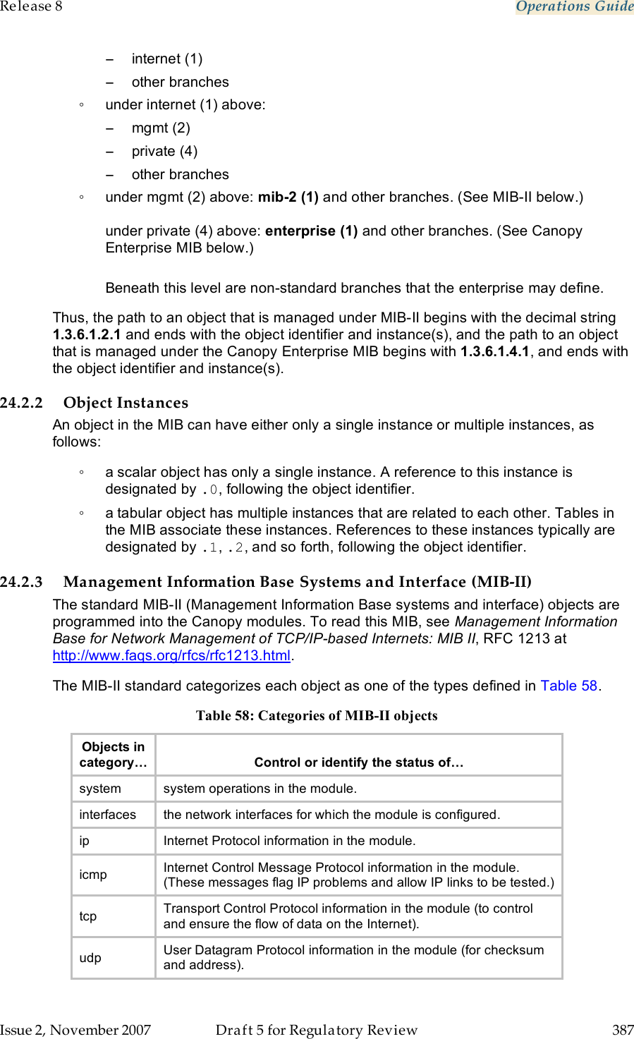Release 8    Operations Guide   Issue 2, November 2007  Draft 5 for Regulatory Review  387     −  internet (1) −  other branches ◦  under internet (1) above: −  mgmt (2) −  private (4) −  other branches ◦  under mgmt (2) above: mib-2 (1) and other branches. (See MIB-II below.)  under private (4) above: enterprise (1) and other branches. (See Canopy Enterprise MIB below.)  Beneath this level are non-standard branches that the enterprise may define. Thus, the path to an object that is managed under MIB-II begins with the decimal string 1.3.6.1.2.1 and ends with the object identifier and instance(s), and the path to an object that is managed under the Canopy Enterprise MIB begins with 1.3.6.1.4.1, and ends with the object identifier and instance(s). 24.2.2 Object Instances An object in the MIB can have either only a single instance or multiple instances, as follows: ◦  a scalar object has only a single instance. A reference to this instance is designated by .0, following the object identifier. ◦  a tabular object has multiple instances that are related to each other. Tables in the MIB associate these instances. References to these instances typically are designated by .1, .2, and so forth, following the object identifier. 24.2.3 Management Information Base Systems and Interface (MIB-II) The standard MIB-II (Management Information Base systems and interface) objects are programmed into the Canopy modules. To read this MIB, see Management Information Base for Network Management of TCP/IP-based Internets: MIB II, RFC 1213 at http://www.faqs.org/rfcs/rfc1213.html. The MIB-II standard categorizes each object as one of the types defined in Table 58. Table 58: Categories of MIB-II objects Objects in category…  Control or identify the status of… system system operations in the module. interfaces the network interfaces for which the module is configured. ip Internet Protocol information in the module. icmp Internet Control Message Protocol information in the module. (These messages flag IP problems and allow IP links to be tested.) tcp Transport Control Protocol information in the module (to control and ensure the flow of data on the Internet). udp User Datagram Protocol information in the module (for checksum and address). 