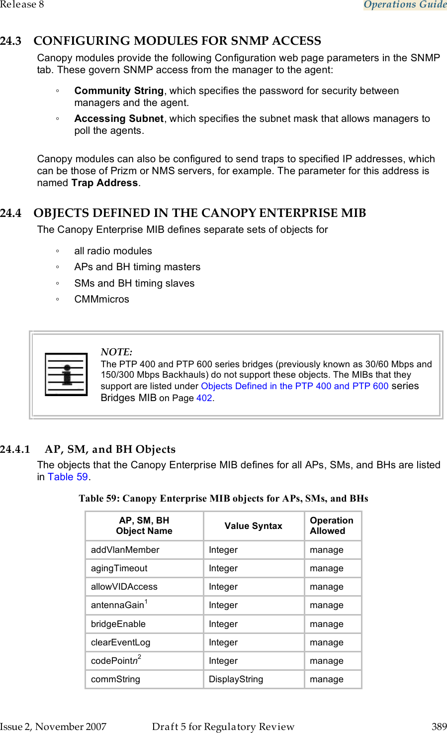 Release 8    Operations Guide   Issue 2, November 2007  Draft 5 for Regulatory Review  389     24.3 CONFIGURING MODULES FOR SNMP ACCESS Canopy modules provide the following Configuration web page parameters in the SNMP tab. These govern SNMP access from the manager to the agent: ◦ Community String, which specifies the password for security between managers and the agent. ◦ Accessing Subnet, which specifies the subnet mask that allows managers to poll the agents.  Canopy modules can also be configured to send traps to specified IP addresses, which can be those of Prizm or NMS servers, for example. The parameter for this address is named Trap Address. 24.4 OBJECTS DEFINED IN THE CANOPY ENTERPRISE MIB The Canopy Enterprise MIB defines separate sets of objects for ◦  all radio modules ◦  APs and BH timing masters ◦  SMs and BH timing slaves ◦  CMMmicros   NOTE: The PTP 400 and PTP 600 series bridges (previously known as 30/60 Mbps and 150/300 Mbps Backhauls) do not support these objects. The MIBs that they support are listed under Objects Defined in the PTP 400 and PTP 600 series Bridges MIB on Page 402.  24.4.1 AP, SM, and BH Objects The objects that the Canopy Enterprise MIB defines for all APs, SMs, and BHs are listed in Table 59.  Table 59: Canopy Enterprise MIB objects for APs, SMs, and BHs AP, SM, BH Object Name Value Syntax Operation  Allowed addVlanMember Integer manage agingTimeout Integer manage allowVIDAccess Integer manage antennaGain1 Integer manage bridgeEnable Integer manage clearEventLog Integer manage codePointn2 Integer manage commString DisplayString manage 