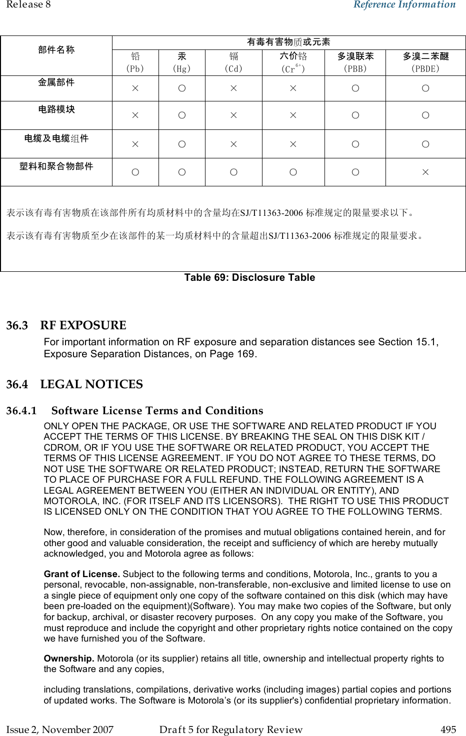 Release 8    Reference Information   Issue 2, November 2007  Draft 5 for Regulatory Review  495     Table 69: Disclosure Table  36.3 RF EXPOSURE For important information on RF exposure and separation distances see Section 15.1, Exposure Separation Distances, on Page 169. 36.4 LEGAL NOTICES 36.4.1 Software License Terms and Conditions ONLY OPEN THE PACKAGE, OR USE THE SOFTWARE AND RELATED PRODUCT IF YOU ACCEPT THE TERMS OF THIS LICENSE. BY BREAKING THE SEAL ON THIS DISK KIT / CDROM, OR IF YOU USE THE SOFTWARE OR RELATED PRODUCT, YOU ACCEPT THE TERMS OF THIS LICENSE AGREEMENT. IF YOU DO NOT AGREE TO THESE TERMS, DO NOT USE THE SOFTWARE OR RELATED PRODUCT; INSTEAD, RETURN THE SOFTWARE TO PLACE OF PURCHASE FOR A FULL REFUND. THE FOLLOWING AGREEMENT IS A LEGAL AGREEMENT BETWEEN YOU (EITHER AN INDIVIDUAL OR ENTITY), AND MOTOROLA, INC. (FOR ITSELF AND ITS LICENSORS).  THE RIGHT TO USE THIS PRODUCT IS LICENSED ONLY ON THE CONDITION THAT YOU AGREE TO THE FOLLOWING TERMS.   Now, therefore, in consideration of the promises and mutual obligations contained herein, and for other good and valuable consideration, the receipt and sufficiency of which are hereby mutually acknowledged, you and Motorola agree as follows: Grant of License. Subject to the following terms and conditions, Motorola, Inc., grants to you a personal, revocable, non-assignable, non-transferable, non-exclusive and limited license to use on a single piece of equipment only one copy of the software contained on this disk (which may have been pre-loaded on the equipment)(Software). You may make two copies of the Software, but only for backup, archival, or disaster recovery purposes.  On any copy you make of the Software, you must reproduce and include the copyright and other proprietary rights notice contained on the copy we have furnished you of the Software. Ownership. Motorola (or its supplier) retains all title, ownership and intellectual property rights to the Software and any copies,  including translations, compilations, derivative works (including images) partial copies and portions of updated works. The Software is Motorola’s (or its supplier&apos;s) confidential proprietary information. 有毒有害物质或元素  部件名称  铅 (Pb) 汞 (Hg) 镉 (Cd) 六价铬 (Cr6+) 多溴联苯 (PBB) 多溴二苯醚 (PBDE) 金属部件  × ○ × × ○ ○ 电路模块  × ○ × × ○ ○ 电缆及电缆组件  × ○ × × ○ ○ 塑料和聚合物部件  ○ ○ ○ ○ ○ ×  ○： 表示该有毒有害物质在该部件所有均质材料中的含量均在SJ/T11363-2006 标准规定的限量要求以下。       ×： 表示该有毒有害物质至少在该部件的某一均质材料中的含量超出SJ/T11363-2006 标准规定的限量要求。    
