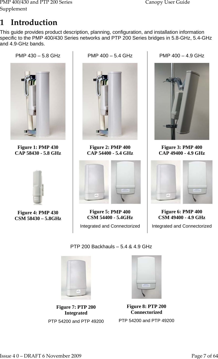 PMP 400/430 and PTP 200 Series  Canopy User Guide Supplement Issue 4 0 – DRAFT 6 November 2009    Page 7 of 64 1 Introduction This guide provides product description, planning, configuration, and installation information specific to the PMP 400/430 Series networks and PTP 200 Series bridges in 5.8-GHz, 5.4-GHz and 4.9-GHz bands.     PMP 430 – 5.8 GHz  Figure 1: PMP 430               CAP 58430 - 5.8 GHz PMP 400 – 5.4 GHz  Figure 2: PMP 400               CAP 54400 - 5.4 GHz PMP 400 – 4.9 GHz  Figure 3: PMP 400          CAP 49400 - 4.9 GHz       Figure 4: PMP 430          CSM 58430 – 5.8GHz        Figure 5: PMP 400              CSM 54400 - 5.4GHz Integrated and Connectorized  Figure 6: PMP 400          CSM 49400 - 4.9 GHz Integrated and Connectorized        PTP 200 Backhauls – 5.4 &amp; 4.9 GHz  Figure 7: PTP 200                Integrated PTP 54200 and PTP 49200                            Figure 8: PTP 200 Connectorized PTP 54200 and PTP 49200  