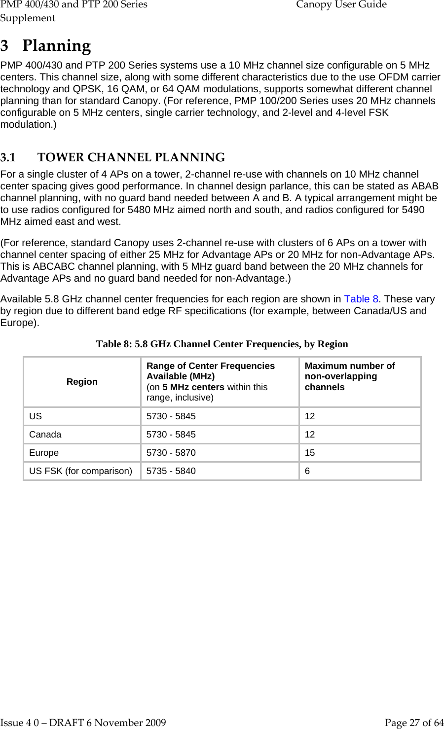 PMP 400/430 and PTP 200 Series  Canopy User Guide Supplement Issue 4 0 – DRAFT 6 November 2009    Page 27 of 64 3 Planning PMP 400/430 and PTP 200 Series systems use a 10 MHz channel size configurable on 5 MHz centers. This channel size, along with some different characteristics due to the use OFDM carrier technology and QPSK, 16 QAM, or 64 QAM modulations, supports somewhat different channel planning than for standard Canopy. (For reference, PMP 100/200 Series uses 20 MHz channels configurable on 5 MHz centers, single carrier technology, and 2-level and 4-level FSK modulation.) 3.1 TOWER CHANNEL PLANNING For a single cluster of 4 APs on a tower, 2-channel re-use with channels on 10 MHz channel center spacing gives good performance. In channel design parlance, this can be stated as ABAB channel planning, with no guard band needed between A and B. A typical arrangement might be to use radios configured for 5480 MHz aimed north and south, and radios configured for 5490 MHz aimed east and west. (For reference, standard Canopy uses 2-channel re-use with clusters of 6 APs on a tower with channel center spacing of either 25 MHz for Advantage APs or 20 MHz for non-Advantage APs. This is ABCABC channel planning, with 5 MHz guard band between the 20 MHz channels for Advantage APs and no guard band needed for non-Advantage.) Available 5.8 GHz channel center frequencies for each region are shown in Table 8. These vary by region due to different band edge RF specifications (for example, between Canada/US and Europe). Table 8: 5.8 GHz Channel Center Frequencies, by Region Region Range of Center Frequencies Available (MHz) (on 5 MHz centers within this range, inclusive) Maximum number of non-overlapping channels US 5730 - 5845 12 Canada 5730 - 5845 12 Europe 5730 - 5870 15 US FSK (for comparison) 5735 - 5840  6           