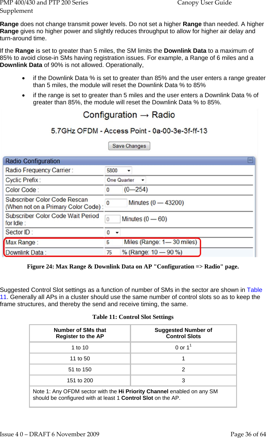 PMP 400/430 and PTP 200 Series  Canopy User Guide Supplement Issue 4 0 – DRAFT 6 November 2009    Page 36 of 64 Range does not change transmit power levels. Do not set a higher Range than needed. A higher Range gives no higher power and slightly reduces throughput to allow for higher air delay and turn-around time. If the Range is set to greater than 5 miles, the SM limits the Downlink Data to a maximum of 85% to avoid close-in SMs having registration issues. For example, a Range of 6 miles and a Downlink Data of 90% is not allowed. Operationally, • if the Downlink Data % is set to greater than 85% and the user enters a range greater than 5 miles, the module will reset the Downlink Data % to 85% • if the range is set to greater than 5 miles and the user enters a Downlink Data % of greater than 85%, the module will reset the Downlink Data % to 85%.   Figure 24: Max Range &amp; Downlink Data on AP &quot;Configuration =&gt; Radio&quot; page.  Suggested Control Slot settings as a function of number of SMs in the sector are shown in Table 11. Generally all APs in a cluster should use the same number of control slots so as to keep the frame structures, and thereby the send and receive timing, the same. Table 11: Control Slot Settings Number of SMs that Register to the AP Suggested Number of Control Slots  1 to 10 0 or 11 11 to 50  1 51 to 150  2 151 to 200  3 Note 1: Any OFDM sector with the Hi Priority Channel enabled on any SM should be configured with at least 1 Control Slot on the AP.   