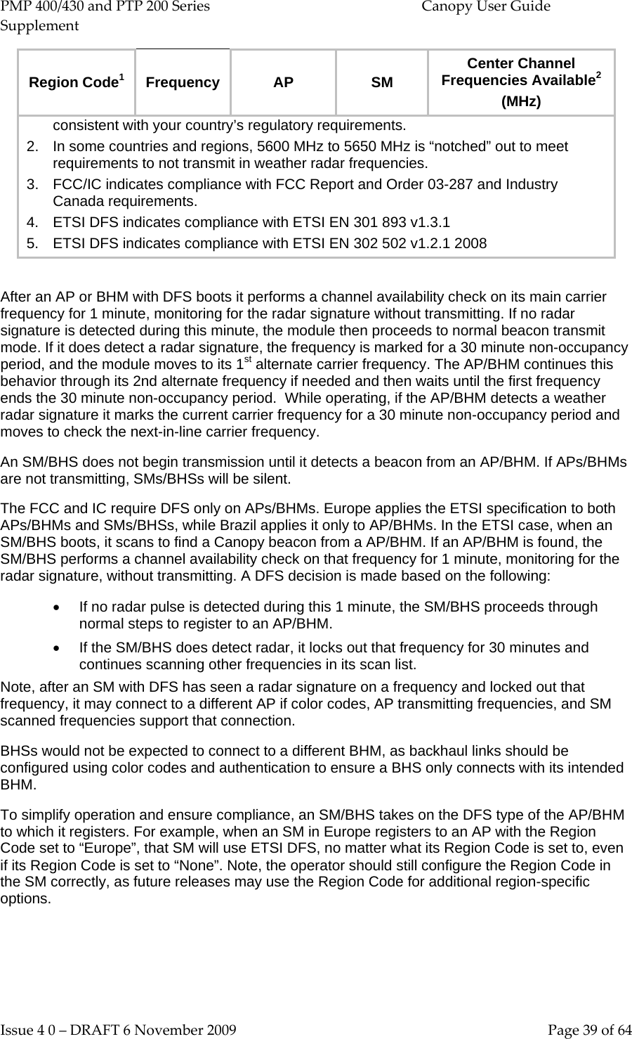 PMP 400/430 and PTP 200 Series  Canopy User Guide Supplement Issue 4 0 – DRAFT 6 November 2009    Page 39 of 64 Region Code1  Frequency  AP SM Center Channel Frequencies Available2 (MHz) consistent with your country’s regulatory requirements. 2. In some countries and regions, 5600 MHz to 5650 MHz is “notched” out to meet requirements to not transmit in weather radar frequencies. 3. FCC/IC indicates compliance with FCC Report and Order 03-287 and Industry Canada requirements. 4. ETSI DFS indicates compliance with ETSI EN 301 893 v1.3.1 5. ETSI DFS indicates compliance with ETSI EN 302 502 v1.2.1 2008  After an AP or BHM with DFS boots it performs a channel availability check on its main carrier frequency for 1 minute, monitoring for the radar signature without transmitting. If no radar signature is detected during this minute, the module then proceeds to normal beacon transmit mode. If it does detect a radar signature, the frequency is marked for a 30 minute non-occupancy period, and the module moves to its 1st alternate carrier frequency. The AP/BHM continues this behavior through its 2nd alternate frequency if needed and then waits until the first frequency ends the 30 minute non-occupancy period.  While operating, if the AP/BHM detects a weather radar signature it marks the current carrier frequency for a 30 minute non-occupancy period and moves to check the next-in-line carrier frequency. An SM/BHS does not begin transmission until it detects a beacon from an AP/BHM. If APs/BHMs are not transmitting, SMs/BHSs will be silent. The FCC and IC require DFS only on APs/BHMs. Europe applies the ETSI specification to both APs/BHMs and SMs/BHSs, while Brazil applies it only to AP/BHMs. In the ETSI case, when an SM/BHS boots, it scans to find a Canopy beacon from a AP/BHM. If an AP/BHM is found, the SM/BHS performs a channel availability check on that frequency for 1 minute, monitoring for the radar signature, without transmitting. A DFS decision is made based on the following: • If no radar pulse is detected during this 1 minute, the SM/BHS proceeds through normal steps to register to an AP/BHM. • If the SM/BHS does detect radar, it locks out that frequency for 30 minutes and continues scanning other frequencies in its scan list. Note, after an SM with DFS has seen a radar signature on a frequency and locked out that frequency, it may connect to a different AP if color codes, AP transmitting frequencies, and SM scanned frequencies support that connection. BHSs would not be expected to connect to a different BHM, as backhaul links should be configured using color codes and authentication to ensure a BHS only connects with its intended BHM. To simplify operation and ensure compliance, an SM/BHS takes on the DFS type of the AP/BHM to which it registers. For example, when an SM in Europe registers to an AP with the Region Code set to “Europe”, that SM will use ETSI DFS, no matter what its Region Code is set to, even if its Region Code is set to “None”. Note, the operator should still configure the Region Code in the SM correctly, as future releases may use the Region Code for additional region-specific options.  