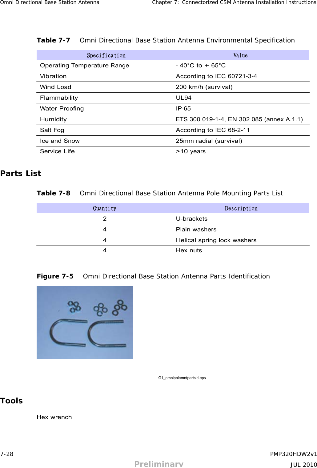 7-28 PMP320HDW2v1 Preliminary JUL 2010 Omni Directional Base Station Antenna Chapter 7: Connectorized CSM Antenna Installation Instructions          Table 7-7   Omni Directional Base Station Antenna Environmental Specification  Specification  Value  Operating Temperature Range - 40°C to + 65°C  Vibration According to IEC 60721-3-4  Wind Load 200 km/h (survival)  Flammability UL94  Water Proofing IP-65  Humidity ETS 300 019-1-4, EN 302 085 (annex A.1.1)  Salt Fog According to IEC 68-2-11  Ice and Snow 25mm radial (survival)  Service Life &gt;10 years   Parts List   Table 7-8   Omni Directional Base Station Antenna Pole Mounting Parts List  Quantity Description  2 U-brackets  4 Plain washers  4 Helical spring lock washers  4 Hex nuts    Figure 7-5   Omni Directional Base Station Antenna Parts Identification      G1_omnipolemntpartsid.eps    Tools   Hex wrench 