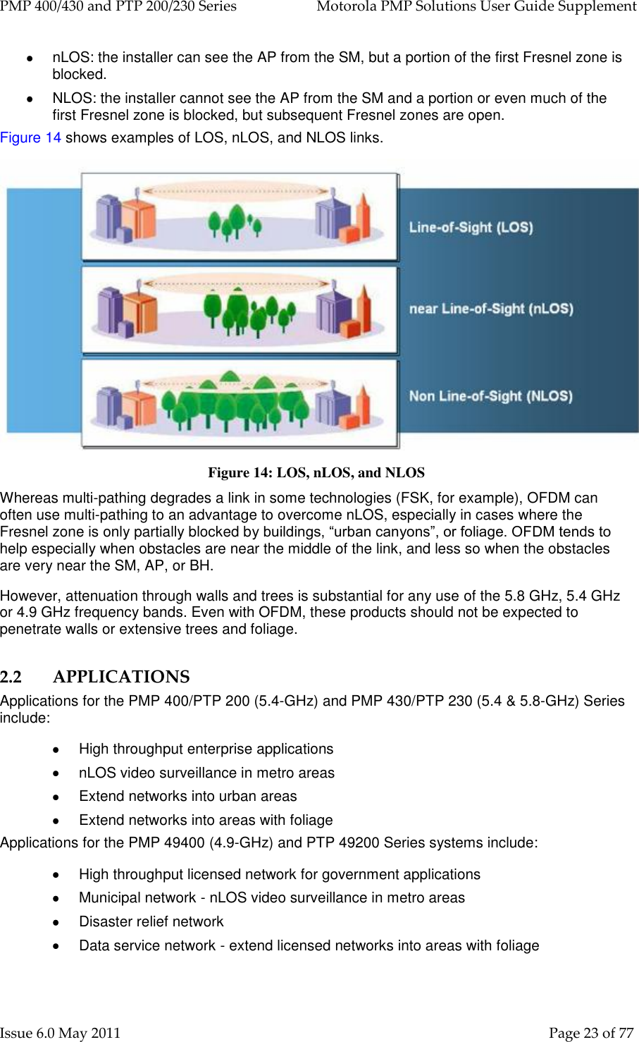 PMP 400/430 and PTP 200/230 Series   Motorola PMP Solutions User Guide Supplement Issue 6.0 May 2011    Page 23 of 77   nLOS: the installer can see the AP from the SM, but a portion of the first Fresnel zone is blocked.   NLOS: the installer cannot see the AP from the SM and a portion or even much of the first Fresnel zone is blocked, but subsequent Fresnel zones are open. Figure 14 shows examples of LOS, nLOS, and NLOS links.  Figure 14: LOS, nLOS, and NLOS Whereas multi-pathing degrades a link in some technologies (FSK, for example), OFDM can often use multi-pathing to an advantage to overcome nLOS, especially in cases where the Fresnel zone is only partially blocked by buildings, “urban canyons”, or foliage. OFDM tends to help especially when obstacles are near the middle of the link, and less so when the obstacles are very near the SM, AP, or BH. However, attenuation through walls and trees is substantial for any use of the 5.8 GHz, 5.4 GHz or 4.9 GHz frequency bands. Even with OFDM, these products should not be expected to penetrate walls or extensive trees and foliage. 2.2 APPLICATIONS Applications for the PMP 400/PTP 200 (5.4-GHz) and PMP 430/PTP 230 (5.4 &amp; 5.8-GHz) Series include:   High throughput enterprise applications   nLOS video surveillance in metro areas   Extend networks into urban areas   Extend networks into areas with foliage Applications for the PMP 49400 (4.9-GHz) and PTP 49200 Series systems include:   High throughput licensed network for government applications   Municipal network - nLOS video surveillance in metro areas   Disaster relief network   Data service network - extend licensed networks into areas with foliage  