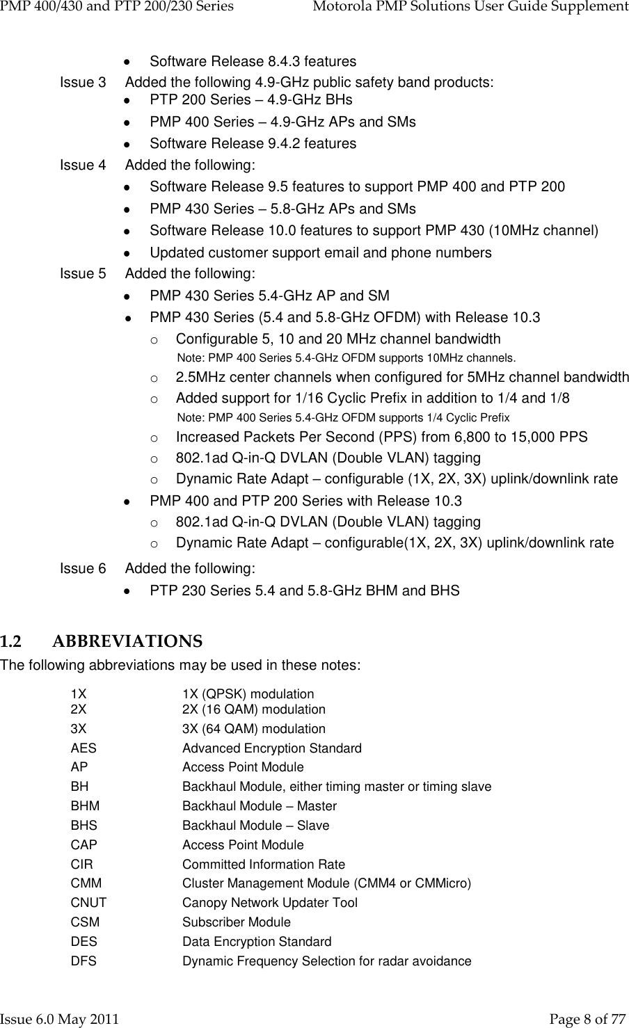 PMP 400/430 and PTP 200/230 Series   Motorola PMP Solutions User Guide Supplement Issue 6.0 May 2011    Page 8 of 77   Software Release 8.4.3 features Issue 3 Added the following 4.9-GHz public safety band products:   PTP 200 Series – 4.9-GHz BHs   PMP 400 Series – 4.9-GHz APs and SMs   Software Release 9.4.2 features Issue 4 Added the following:   Software Release 9.5 features to support PMP 400 and PTP 200   PMP 430 Series – 5.8-GHz APs and SMs   Software Release 10.0 features to support PMP 430 (10MHz channel)   Updated customer support email and phone numbers Issue 5 Added the following:   PMP 430 Series 5.4-GHz AP and SM   PMP 430 Series (5.4 and 5.8-GHz OFDM) with Release 10.3 o  Configurable 5, 10 and 20 MHz channel bandwidth Note: PMP 400 Series 5.4-GHz OFDM supports 10MHz channels. o  2.5MHz center channels when configured for 5MHz channel bandwidth o  Added support for 1/16 Cyclic Prefix in addition to 1/4 and 1/8 Note: PMP 400 Series 5.4-GHz OFDM supports 1/4 Cyclic Prefix o  Increased Packets Per Second (PPS) from 6,800 to 15,000 PPS o  802.1ad Q-in-Q DVLAN (Double VLAN) tagging o  Dynamic Rate Adapt – configurable (1X, 2X, 3X) uplink/downlink rate   PMP 400 and PTP 200 Series with Release 10.3 o  802.1ad Q-in-Q DVLAN (Double VLAN) tagging o  Dynamic Rate Adapt – configurable(1X, 2X, 3X) uplink/downlink rate Issue 6 Added the following:   PTP 230 Series 5.4 and 5.8-GHz BHM and BHS 1.2 ABBREVIATIONS The following abbreviations may be used in these notes: 1X 1X (QPSK) modulation 2X 2X (16 QAM) modulation 3X 3X (64 QAM) modulation AES AP Advanced Encryption Standard Access Point Module BH Backhaul Module, either timing master or timing slave BHM Backhaul Module – Master BHS CAP CIR Backhaul Module – Slave Access Point Module Committed Information Rate CMM Cluster Management Module (CMM4 or CMMicro) CNUT CSM Canopy Network Updater Tool Subscriber Module DES DFS Data Encryption Standard Dynamic Frequency Selection for radar avoidance 