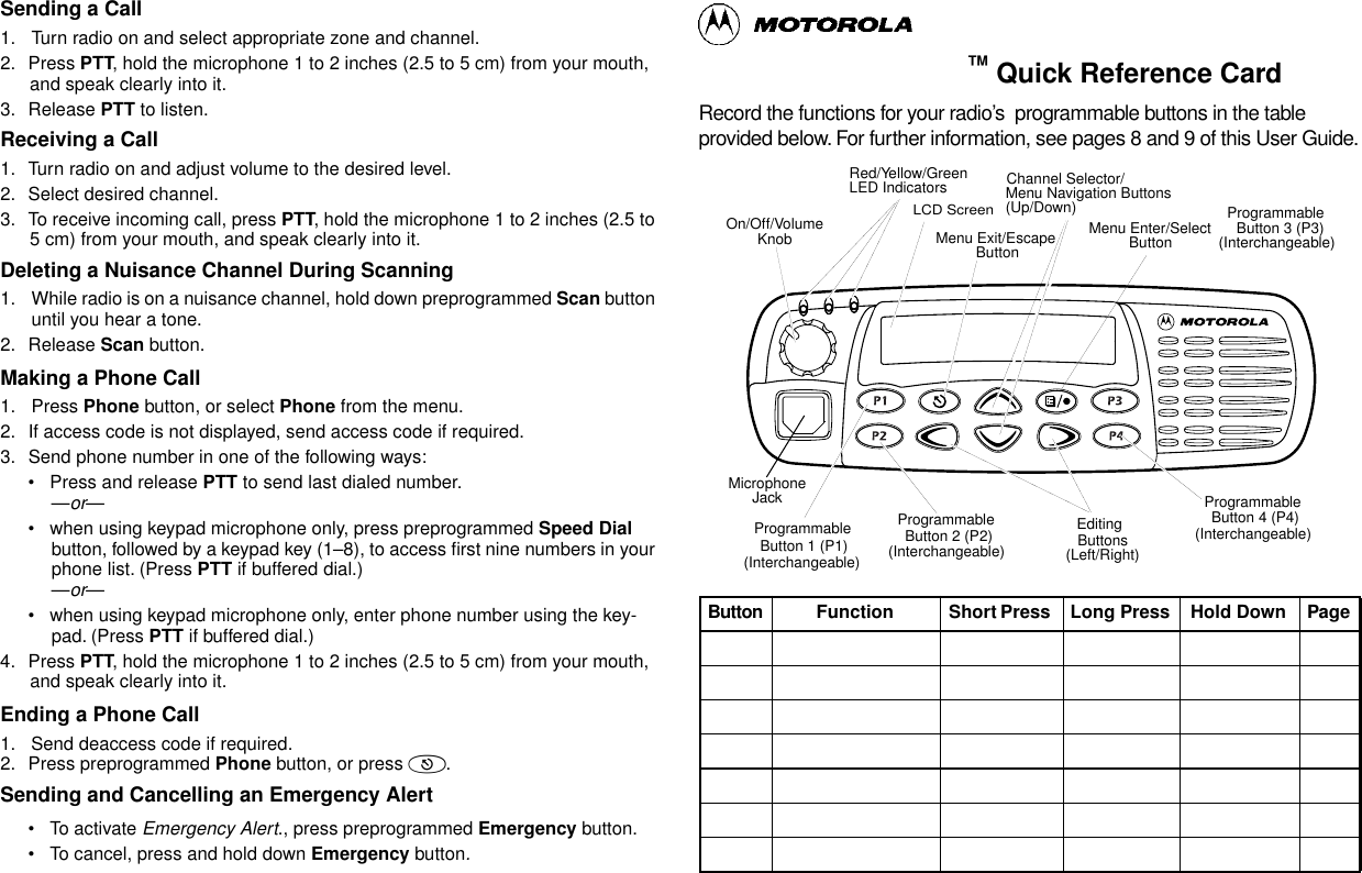 Sending a Call1. Turn radio on and select appropriate zone and channel.2. Press PTT, hold the microphone 1 to 2 inches (2.5 to 5 cm) from your mouth, and speak clearly into it.3. Release PTT to listen.Receiving a Call1. Turn radio on and adjust volume to the desired level.2. Select desired channel.3. To receive incoming call, press PTT, hold the microphone 1 to 2 inches (2.5 to 5 cm) from your mouth, and speak clearly into it.Deleting a Nuisance Channel During Scanning1. While radio is on a nuisance channel, hold down preprogrammed Scan button until you hear a tone.2. Release Scan button.Making a Phone Call1. Press Phone button, or select Phone from the menu.2. If access code is not displayed, send access code if required.3. Send phone number in one of the following ways:• Press and release PTT to send last dialed number. —or—• when using keypad microphone only, press preprogrammed Speed Dial button, followed by a keypad key (1–8), to access ﬁrst nine numbers in your phone list. (Press PTT if buffered dial.)—or—• when using keypad microphone only, enter phone number using the key-pad. (Press PTT if buffered dial.)4. Press PTT, hold the microphone 1 to 2 inches (2.5 to 5 cm) from your mouth, and speak clearly into it.Ending a Phone Call1. Send deaccess code if required.2. Press preprogrammed Phone button, or press (.Sending and Cancelling an Emergency Alert• To activate Emergency Alert., press preprogrammed Emergency button.• To cancel, press and hold down Emergency button.™ Quick Reference CardRecord the functions for your radio’s  programmable buttons in the table provided below. For further information, see pages 8 and 9 of this User Guide.EditingButtonsMenu Enter/SelectButton(Interchangeable)ProgrammableButton 2 (P2)Menu Navigation Buttons(Interchangeable)ProgrammableButton 4 (P4)(Interchangeable)ProgrammableButton 3 (P3)LCD ScreenRed/Yellow/GreenLED Indicators(Up/Down)Menu Exit/EscapeButton(Interchangeable)ProgrammableButton 1 (P1)Channel Selector/(Left/Right)MicrophoneJackKnobOn/Off/VolumeButton Function Short Press  Long Press Hold Down Page