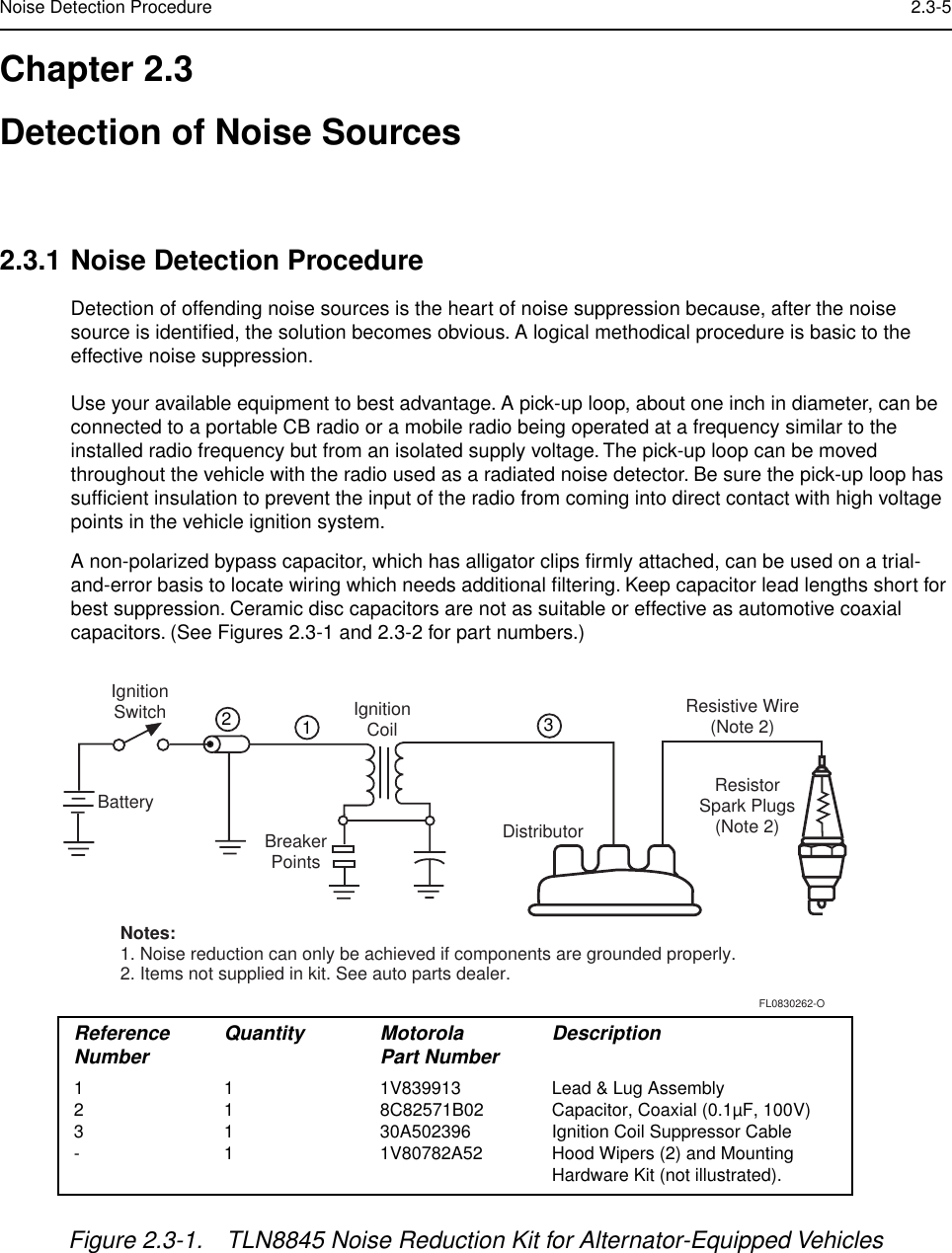  Noise Detection Procedure 2.3-5 Chapter 2.3Detection of Noise Sources 2.3.1 Noise Detection Procedure Detection of offending noise sources is the heart of noise suppression because, after the noise source is identiﬁed, the solution becomes obvious. A logical methodical procedure is basic to the effective noise suppression.Use your available equipment to best advantage. A pick-up loop, about one inch in diameter, can be connected to a portable CB radio or a mobile radio being operated at a frequency similar to the installed radio frequency but from an isolated supply voltage. The pick-up loop can be moved throughout the vehicle with the radio used as a radiated noise detector. Be sure the pick-up loop has sufﬁcient insulation to prevent the input of the radio from coming into direct contact with high voltage points in the vehicle ignition system.A non-polarized bypass capacitor, which has alligator clips ﬁrmly attached, can be used on a trial-and-error basis to locate wiring which needs additional ﬁltering. Keep capacitor lead lengths short for best suppression. Ceramic disc capacitors are not as suitable or effective as automotive coaxial capacitors. (See Figures 2.3-1 and 2.3-2 for part numbers.) Figure 2.3-1. TLN8845 Noise Reduction Kit for Alternator-Equipped VehiclesIgnitionSwitchBatteryIgnitionCoilDistributorBreakerPointsResistive Wire(Note 2)ResistorSpark Plugs(Note 2)Notes:1. Noise reduction can only be achieved if components are grounded properly.2. Items not supplied in kit. See auto parts dealer.123FL0830262-OReference Quantity Motorola DescriptionNumber Part Number1 1 1V839913 Lead &amp; Lug Assembly2 1 8C82571B02 Capacitor, Coaxial (0.1µF, 100V)3 1 30A502396 Ignition Coil Suppressor Cable- 1 1V80782A52 Hood Wipers (2) and Mounting Hardware Kit (not illustrated).