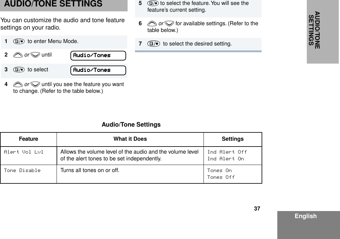 37EnglishAUDIO/TONE SETTINGSAUDIO/TONE SETTINGSYou can customize the audio and tone feature settings on your radio. 1)  to enter Menu Mode.2y or z until3)  to select4y or z until you see the feature you want to change. (Refer to the table below.)AAAAuuuuddddiiiioooo////TTTToooonnnneeeessssAAAAuuuuddddiiiioooo////TTTToooonnnneeeessss5) to select the feature. You will see the feature’s current setting.6y or z for available settings. (Refer to the table below.)7)  to select the desired setting. Audio/Tone SettingsFeature What it Does SettingsAlert Vol Lvl Allows the volume level of the audio and the volume level of the alert tones to be set independently.Ind Alert OffInd Alert OnTone Disable Turns all tones on or off. Tones OnTones Off
