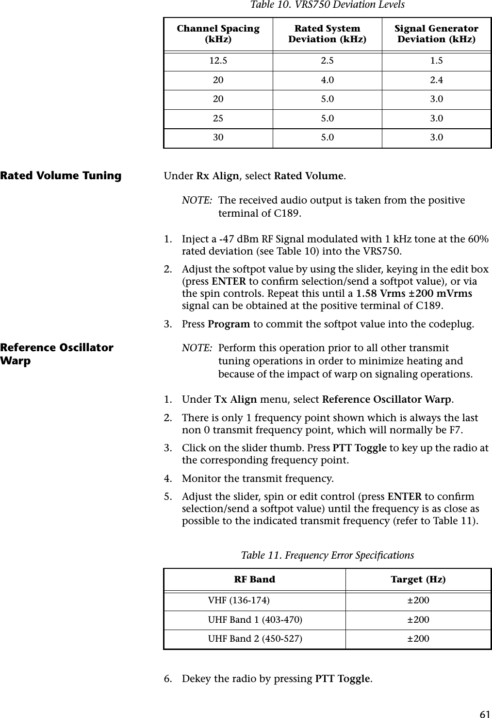 61Rated Volume Tuning Under Rx Align, select Rated Volume.NOTE: The received audio output is taken from the positive terminal of C189.1. Inject a -47 dBm RF Signal modulated with 1 kHz tone at the 60% rated deviation (see Table 10) into the VRS750.2. Adjust the softpot value by using the slider, keying in the edit box (press ENTER to conﬁrm selection/send a softpot value), or via the spin controls. Repeat this until a 1.58 Vrms ±200 mVrms signal can be obtained at the positive terminal of C189.3. Press Program to commit the softpot value into the codeplug.Reference Oscillator WarpNOTE: Perform this operation prior to all other transmit tuning operations in order to minimize heating and because of the impact of warp on signaling operations.1. Under Tx Align menu, select Reference Oscillator Warp.2. There is only 1 frequency point shown which is always the last non 0 transmit frequency point, which will normally be F7.3. Click on the slider thumb. Press PTT Toggle to key up the radio at the corresponding frequency point.4. Monitor the transmit frequency.5. Adjust the slider, spin or edit control (press ENTER to conﬁrm selection/send a softpot value) until the frequency is as close as possible to the indicated transmit frequency (refer to Table 11).6. Dekey the radio by pressing PTT Toggle.Table 10. VRS750 Deviation LevelsChannel Spacing (kHz)Rated System Deviation (kHz)Signal Generator Deviation (kHz)12.5 2.5 1.520 4.0 2.420 5.0 3.025 5.0 3.030 5.0 3.0Table 11. Frequency Error SpeciﬁcationsRF Band Target (Hz)VHF (136-174) ±200UHF Band 1 (403-470) ±200UHF Band 2 (450-527) ±200