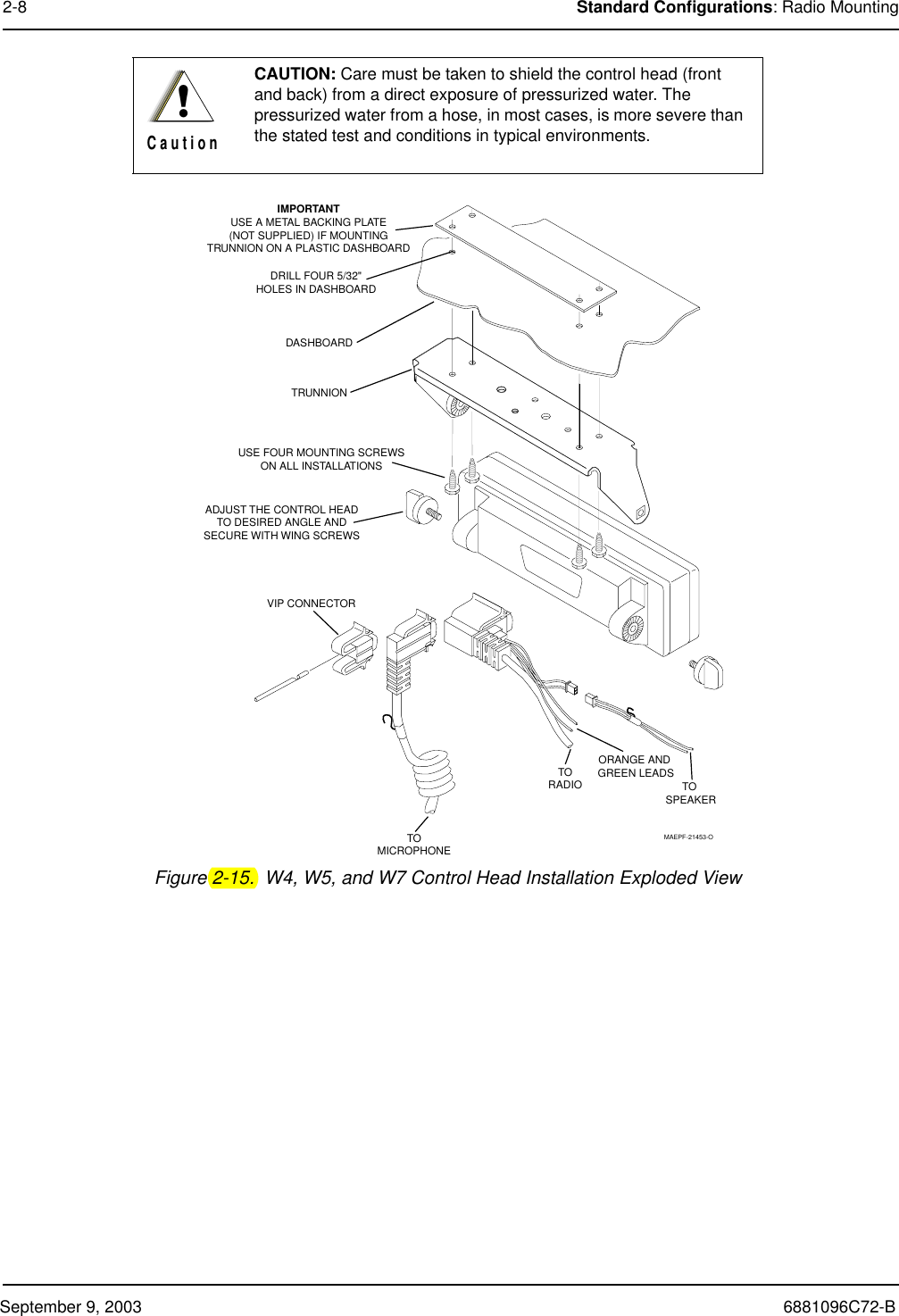 September 9, 2003 6881096C72-B2-8 Standard Configurations: Radio Mounting Figure 2-15.  W4, W5, and W7 Control Head Installation Exploded ViewCAUTION: Care must be taken to shield the control head (front and back) from a direct exposure of pressurized water. The pressurized water from a hose, in most cases, is more severe than the stated test and conditions in typical environments.!C a u t i o nIMPORTANTUSE A METAL BACKING PLATE(NOT SUPPLIED) IF MOUNTINGTRUNNION ON A PLASTIC DASHBOARDDRILL FOUR 5/32&quot;HOLES IN DASHBOARDDASHBOARDTRUNNION03-00136756USE FOUR MOUNTING SCREWSON ALL INSTALLATIONSADJUST THE CONTROL HEADTO DESIRED ANGLE ANDSECURE WITH WING SCREWSVIP CONNECTORTOMICROPHONETO SPEAKERTORADIOORANGE AND GREEN LEADSMAEPF-21453-O