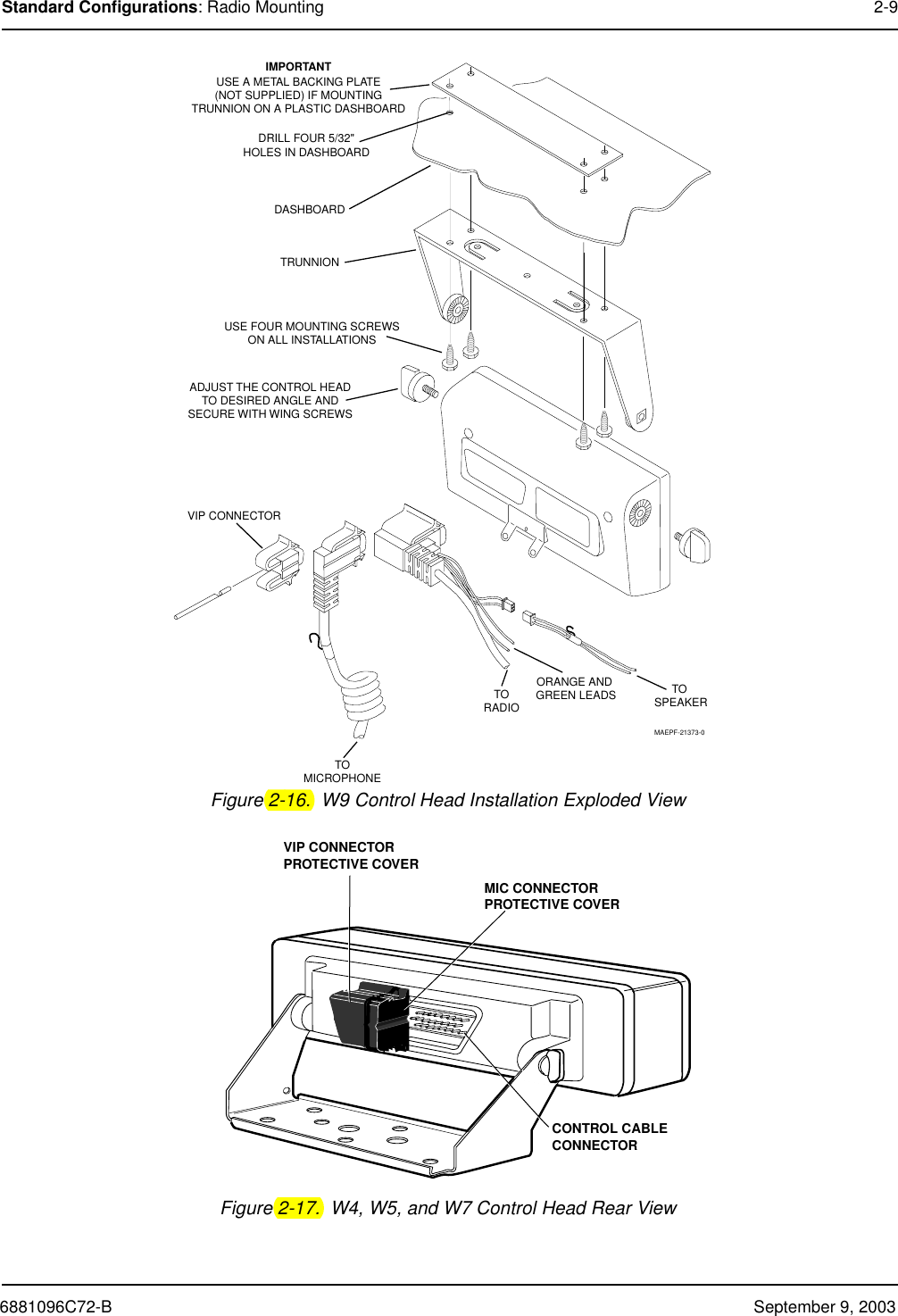 6881096C72-B September 9, 2003Standard Configurations: Radio Mounting 2-9Figure 2-16.  W9 Control Head Installation Exploded ViewFigure 2-17.  W4, W5, and W7 Control Head Rear ViewIMPORTANTUSE A METAL BACKING PLATE(NOT SUPPLIED) IF MOUNTINGTRUNNION ON A PLASTIC DASHBOARDDRILL FOUR 5/32&quot;HOLES IN DASHBOARDDASHBOARDTRUNNION03-00136756USE FOUR MOUNTING SCREWSON ALL INSTALLATIONSADJUST THE CONTROL HEADTO DESIRED ANGLE ANDSECURE WITH WING SCREWSVIP CONNECTORTOMICROPHONETO SPEAKERTORADIOORANGE AND GREEN LEADSDESCRIPTIONTECHNICAL PUBLICATIONS DEPT.DWG. NO.MAEPF 21373MAEPF-21373-0VIP CONNECTORPROTECTIVE COVERCONTROL CABLECONNECTORMIC CONNECTORPROTECTIVE COVERILDE