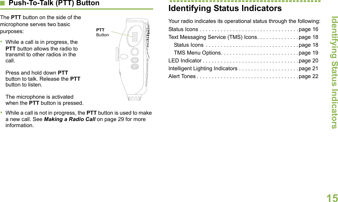 Identifying Status IndicatorsEnglish15Push-To-Talk (PTT) Button    The PTT button on the side of the microphone serves two basic purposes:       •While a call is in progress, the PTT button allows the radio to transmit to other radios in the call.Press and hold down PTT button to talk. Release the PTT button to listen.The microphone is activated when the PTT button is pressed.•While a call is not in progress, the PTT button is used to make a new call. See Making a Radio Call on page 29 for more information.Identifying Status IndicatorsYour radio indicates its operational status through the following:Status Icons . . . . . . . . . . . . . . . . . . . . . . . . . . . . . . . . .page 16Text Messaging Service (TMS) Icons. . . . . . . . . . . . . .page 18Status Icons . . . . . . . . . . . . . . . . . . . . . . . . . . . . . . .page 18TMS Menu Options. . . . . . . . . . . . . . . . . . . . . . . . . .page 19LED Indicator . . . . . . . . . . . . . . . . . . . . . . . . . . . . . . . .page 20Intelligent Lighting Indicators . . . . . . . . . . . . . . . . . . . .page 21Alert Tones . . . . . . . . . . . . . . . . . . . . . . . . . . . . . . . . . .page 22PTT Button