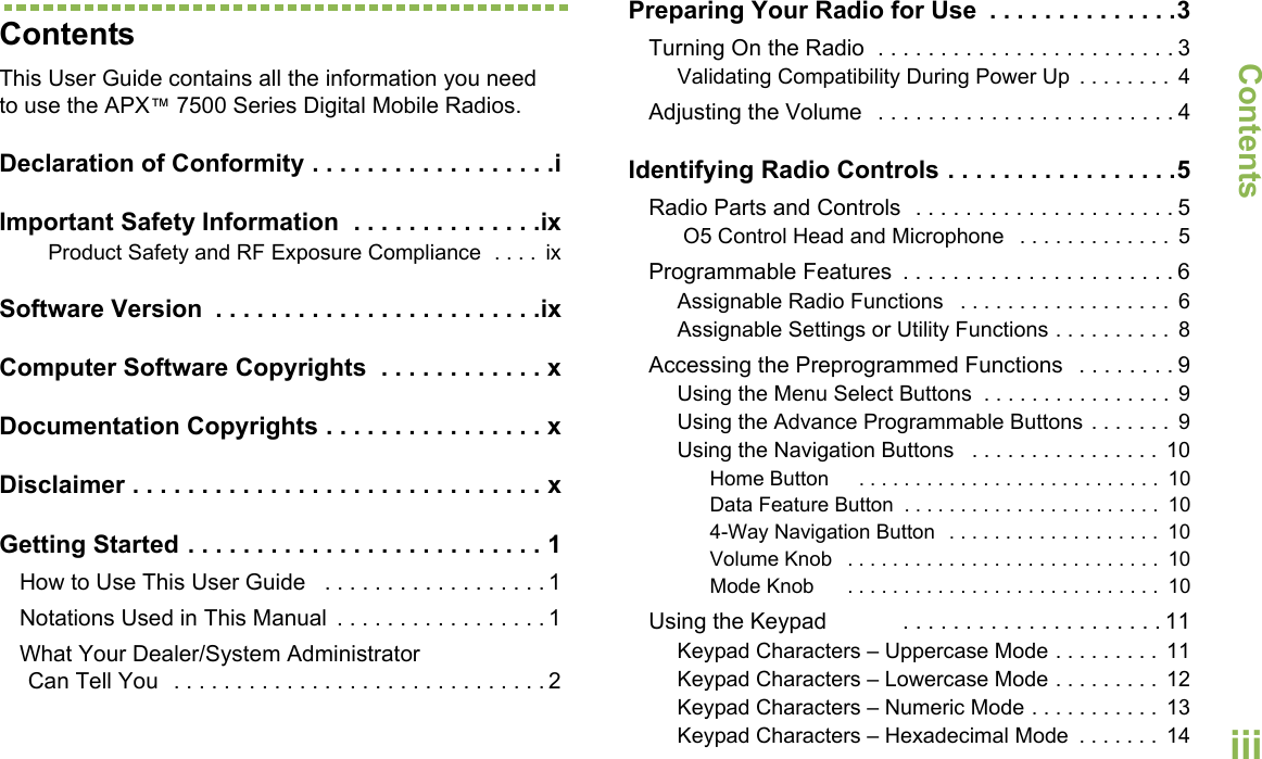 ContentsEnglishiiiContentsThis User Guide contains all the information you need to use the APX™ 7500 Series Digital Mobile Radios.Declaration of Conformity . . . . . . . . . . . . . . . . . .iImportant Safety Information  . . . . . . . . . . . . . .ixProduct Safety and RF Exposure Compliance  . . . .  ixSoftware Version  . . . . . . . . . . . . . . . . . . . . . . . .ixComputer Software Copyrights  . . . . . . . . . . . . xDocumentation Copyrights . . . . . . . . . . . . . . . . xDisclaimer . . . . . . . . . . . . . . . . . . . . . . . . . . . . . . xGetting Started . . . . . . . . . . . . . . . . . . . . . . . . . . 1How to Use This User Guide   . . . . . . . . . . . . . . . . . . 1Notations Used in This Manual  . . . . . . . . . . . . . . . . . 1What Your Dealer/System Administrator Can Tell You  . . . . . . . . . . . . . . . . . . . . . . . . . . . . . . 2Preparing Your Radio for Use  . . . . . . . . . . . . . .3Turning On the Radio  . . . . . . . . . . . . . . . . . . . . . . . . 3Validating Compatibility During Power Up  . . . . . . . .  4Adjusting the Volume   . . . . . . . . . . . . . . . . . . . . . . . . 4Identifying Radio Controls . . . . . . . . . . . . . . . . .5Radio Parts and Controls  . . . . . . . . . . . . . . . . . . . . . 5 O5 Control Head and Microphone   . . . . . . . . . . . . .  5Programmable Features  . . . . . . . . . . . . . . . . . . . . . . 6Assignable Radio Functions   . . . . . . . . . . . . . . . . . .  6Assignable Settings or Utility Functions . . . . . . . . . .  8Accessing the Preprogrammed Functions  . . . . . . . . 9Using the Menu Select Buttons  . . . . . . . . . . . . . . . .  9Using the Advance Programmable Buttons . . . . . . .  9Using the Navigation Buttons   . . . . . . . . . . . . . . . .  10Home Button     . . . . . . . . . . . . . . . . . . . . . . . . . . .  10Data Feature Button  . . . . . . . . . . . . . . . . . . . . . . .  104-Way Navigation Button  . . . . . . . . . . . . . . . . . . .  10Volume Knob   . . . . . . . . . . . . . . . . . . . . . . . . . . . .  10Mode Knob      . . . . . . . . . . . . . . . . . . . . . . . . . . . .  10Using the Keypad            . . . . . . . . . . . . . . . . . . . . . 11Keypad Characters – Uppercase Mode . . . . . . . . .  11Keypad Characters – Lowercase Mode . . . . . . . . .  12Keypad Characters – Numeric Mode . . . . . . . . . . .  13Keypad Characters – Hexadecimal Mode  . . . . . . .  14