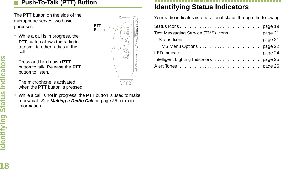 Identifying Status IndicatorsEnglish18Push-To-Talk (PTT) Button    The PTT button on the side of the microphone serves two basic purposes:       •While a call is in progress, the PTT button allows the radio to transmit to other radios in the call.Press and hold down PTT button to talk. Release the PTT button to listen.The microphone is activated when the PTT button is pressed.•While a call is not in progress, the PTT button is used to make a new call. See Making a Radio Call on page 35 for more information.Identifying Status IndicatorsYour radio indicates its operational status through the following:Status Icons . . . . . . . . . . . . . . . . . . . . . . . . . . . . . . . . . page 19Text Messaging Service (TMS) Icons  . . . . . . . . . . . . . page 21Status Icons . . . . . . . . . . . . . . . . . . . . . . . . . . . . . . . page 21TMS Menu Options  . . . . . . . . . . . . . . . . . . . . . . . . . page 22LED Indicator. . . . . . . . . . . . . . . . . . . . . . . . . . . . . . . . page 24Intelligent Lighting Indicators . . . . . . . . . . . . . . . . . . . . page 25Alert Tones. . . . . . . . . . . . . . . . . . . . . . . . . . . . . . . . . . page 26PTT ButtonDraft 1
