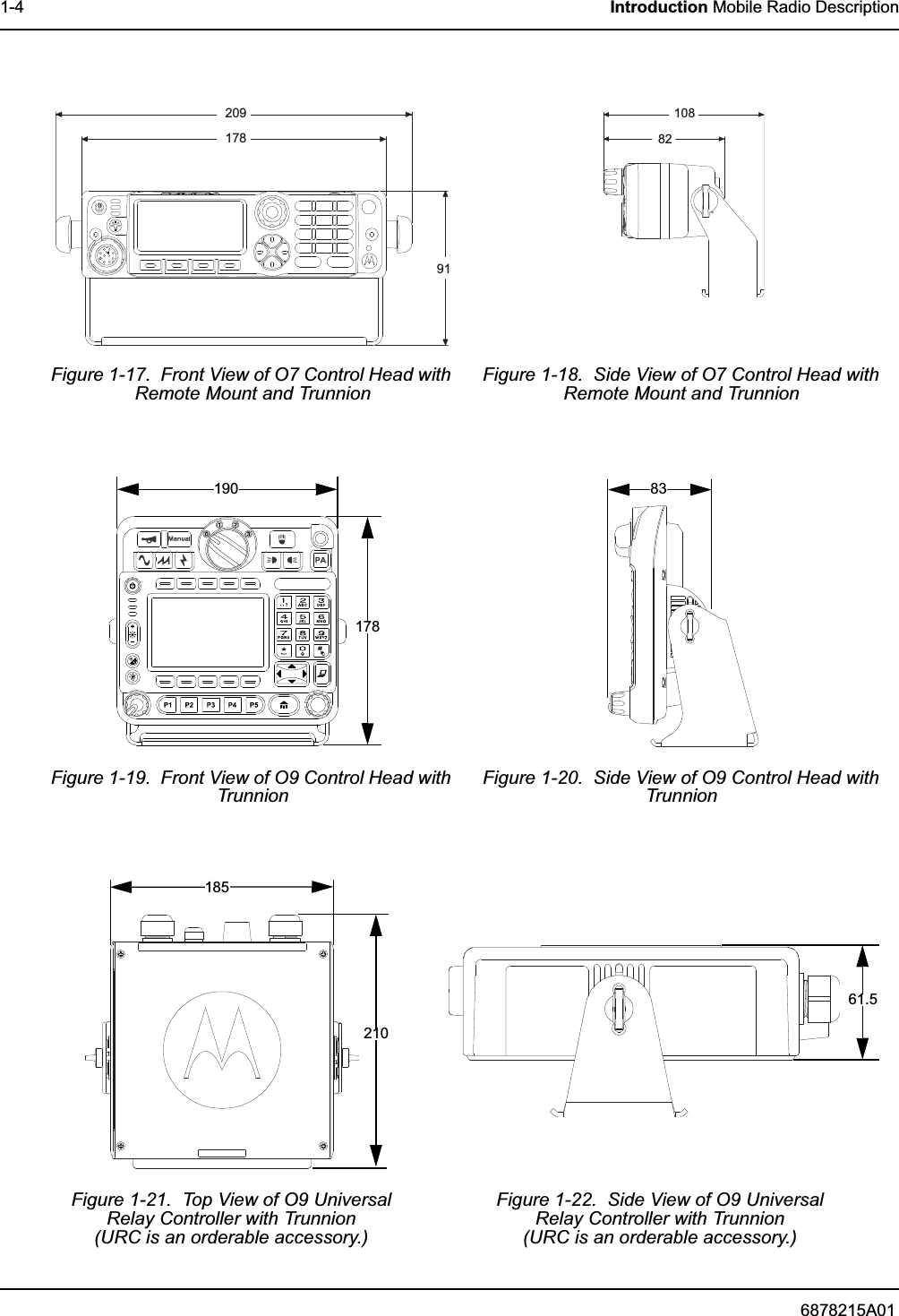 6878215A011-4 Introduction Mobile Radio DescriptionFigure 1-17.  Front View of O7 Control Head with Remote Mount and TrunnionFigure 1-18.  Side View of O7 Control Head with Remote Mount and TrunnionFigure 1-19.  Front View of O9 Control Head with TrunnionFigure 1-20.  Side View of O9 Control Head with TrunnionFigure 1-21.  Top View of O9 UniversalRelay Controller with Trunnion(URC is an orderable accessory.)Figure 1-22.  Side View of O9 UniversalRelay Controller with Trunnion(URC is an orderable accessory.)2091789110882178190 8318521061.5
