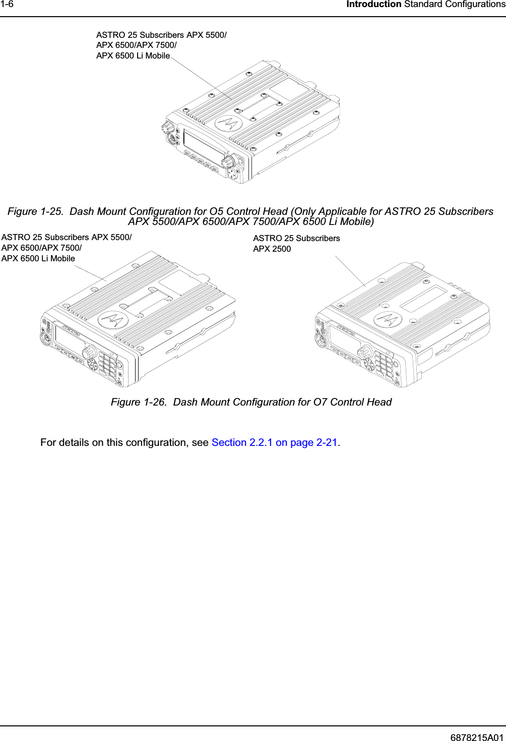 6878215A011-6 Introduction Standard ConfigurationsFor details on this configuration, see Section 2.2.1 on page 2-21.Figure 1-25.  Dash Mount Configuration for O5 Control Head (Only Applicable for ASTRO 25 Subscribers APX 5500/APX 6500/APX 7500/APX 6500 Li Mobile)Figure 1-26.  Dash Mount Configuration for O7 Control HeadASTRO 25 Subscribers APX 5500/APX 6500/APX 7500/APX 6500 Li MobileASTRO 25 Subscribers APX 2500ASTRO 25 Subscribers APX 5500/APX 6500/APX 7500/APX 6500 Li Mobile