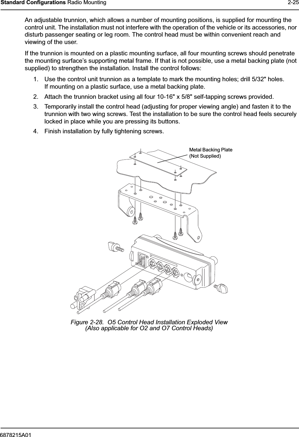 6878215A01Standard Configurations Radio Mounting 2-25An adjustable trunnion, which allows a number of mounting positions, is supplied for mounting the control unit. The installation must not interfere with the operation of the vehicle or its accessories, nor disturb passenger seating or leg room. The control head must be within convenient reach and viewing of the user.If the trunnion is mounted on a plastic mounting surface, all four mounting screws should penetrate the mounting surface’s supporting metal frame. If that is not possible, use a metal backing plate (not supplied) to strengthen the installation. Install the control follows:1. Use the control unit trunnion as a template to mark the mounting holes; drill 5/32&quot; holes. If mounting on a plastic surface, use a metal backing plate.2. Attach the trunnion bracket using all four 10-16&quot; x 5/8&quot; self-tapping screws provided.3. Temporarily install the control head (adjusting for proper viewing angle) and fasten it to the trunnion with two wing screws. Test the installation to be sure the control head feels securely locked in place while you are pressing its buttons.4. Finish installation by fully tightening screws.Figure 2-28.  O5 Control Head Installation Exploded View (Also applicable for O2 and O7 Control Heads)Metal Backing Plate (Not Supplied)