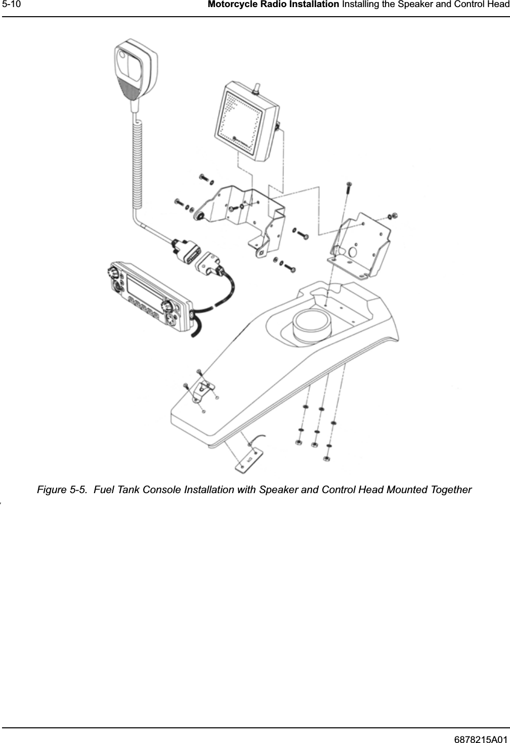 6878215A015-10 Motorcycle Radio Installation Installing the Speaker and Control HeadFigure 5-5.  Fuel Tank Console Installation with Speaker and Control Head Mounted Togetherf