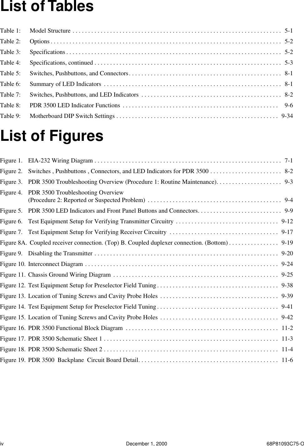  iv December 1, 2000 68P81093C75-O List of Tables Table 1:  Model Structure . . . . . . . . . . . . . . . . . . . . . . . . . . . . . . . . . . . . . . . . . . . . . . . . . . . . . . . . . . . . . . . . . . .  5-1Table 2:  Options . . . . . . . . . . . . . . . . . . . . . . . . . . . . . . . . . . . . . . . . . . . . . . . . . . . . . . . . . . . . . . . . . . . . . . . . . .  5-2Table 3:  Specifications . . . . . . . . . . . . . . . . . . . . . . . . . . . . . . . . . . . . . . . . . . . . . . . . . . . . . . . . . . . . . . . . . . . . .  5-2Table 4:  Specifications, continued . . . . . . . . . . . . . . . . . . . . . . . . . . . . . . . . . . . . . . . . . . . . . . . . . . . . . . . . . . . .  5-3Table 5:  Switches, Pushbuttons, and Connectors. . . . . . . . . . . . . . . . . . . . . . . . . . . . . . . . . . . . . . . . . . . . . . . . .  8-1Table 6:  Summary of LED Indicators  . . . . . . . . . . . . . . . . . . . . . . . . . . . . . . . . . . . . . . . . . . . . . . . . . . . . . . . . .  8-1Table 7:  Switches, Pushbuttons, and LED Indicators  . . . . . . . . . . . . . . . . . . . . . . . . . . . . . . . . . . . . . . . . . . . . .  8-2Table 8:  PDR 3500 LED Indicator Functions  . . . . . . . . . . . . . . . . . . . . . . . . . . . . . . . . . . . . . . . . . . . . . . . . . .    9-6Table 9:  Motherboard DIP Switch Settings . . . . . . . . . . . . . . . . . . . . . . . . . . . . . . . . . . . . . . . . . . . . . . . . . . . .  9-34 List of Figures Figure 1. EIA-232 Wiring Diagram . . . . . . . . . . . . . . . . . . . . . . . . . . . . . . . . . . . . . . . . . . . . . . . . . . . . . . . . . . . .  7-1Figure 2. Switches , Pushbuttons , Connectors, and LED Indicators for PDR 3500 . . . . . . . . . . . . . . . . . . . . . . .  8-2Figure 3. PDR 3500 Troubleshooting Overview (Procedure 1: Routine Maintenance). . . . . . . . . . . . . . . . . . . . .  9-3Figure 4. PDR 3500 Troubleshooting Overview (Procedure 2: Reported or Suspected Problem)  . . . . . . . . . . . . . . . . . . . . . . . . . . . . . . . . . . . . . . . . . . .  9-4Figure 5. PDR 3500 LED Indicators and Front Panel Buttons and Connectors. . . . . . . . . . . . . . . . . . . . . . . . . . .  9-9Figure 6. Test Equipment Setup for Verifying Transmitter Circuitry . . . . . . . . . . . . . . . . . . . . . . . . . . . . . . . . .  9-12Figure 7. Test Equipment Setup for Verifying Receiver Circuitry  . . . . . . . . . . . . . . . . . . . . . . . . . . . . . . . . . . .  9-17Figure 8A.  Coupled receiver connection. (Top) B. Coupled duplexer connection. (Bottom) . . . . . . . . . . . . . . . .  9-19Figure 9. Disabling the Transmitter . . . . . . . . . . . . . . . . . . . . . . . . . . . . . . . . . . . . . . . . . . . . . . . . . . . . . . . . . . .  9-20Figure 10. Interconnect Diagram . . . . . . . . . . . . . . . . . . . . . . . . . . . . . . . . . . . . . . . . . . . . . . . . . . . . . . . . . . . . . .  9-24Figure 11. Chassis Ground Wiring Diagram  . . . . . . . . . . . . . . . . . . . . . . . . . . . . . . . . . . . . . . . . . . . . . . . . . . . . .  9-25Figure 12. Test Equipment Setup for Preselector Field Tuning . . . . . . . . . . . . . . . . . . . . . . . . . . . . . . . . . . . . . . .  9-38Figure 13. Location of Tuning Screws and Cavity Probe Holes  . . . . . . . . . . . . . . . . . . . . . . . . . . . . . . . . . . . . . .  9-39Figure 14. Test Equipment Setup for Preselector Field Tuning . . . . . . . . . . . . . . . . . . . . . . . . . . . . . . . . . . . . . . .  9-41Figure 15. Location of Tuning Screws and Cavity Probe Holes  . . . . . . . . . . . . . . . . . . . . . . . . . . . . . . . . . . . . . .  9-42Figure 16. PDR 3500 Functional Block Diagram  . . . . . . . . . . . . . . . . . . . . . . . . . . . . . . . . . . . . . . . . . . . . . . . . .  11-2Figure 17. PDR 3500 Schematic Sheet 1 . . . . . . . . . . . . . . . . . . . . . . . . . . . . . . . . . . . . . . . . . . . . . . . . . . . . . . . .  11-3Figure 18. PDR 3500 Schematic Sheet 2 . . . . . . . . . . . . . . . . . . . . . . . . . . . . . . . . . . . . . . . . . . . . . . . . . . . . . . . .  11-4Figure 19. PDR 3500  Backplane  Circuit Board Detail. . . . . . . . . . . . . . . . . . . . . . . . . . . . . . . . . . . . . . . . . . . . .  11-6