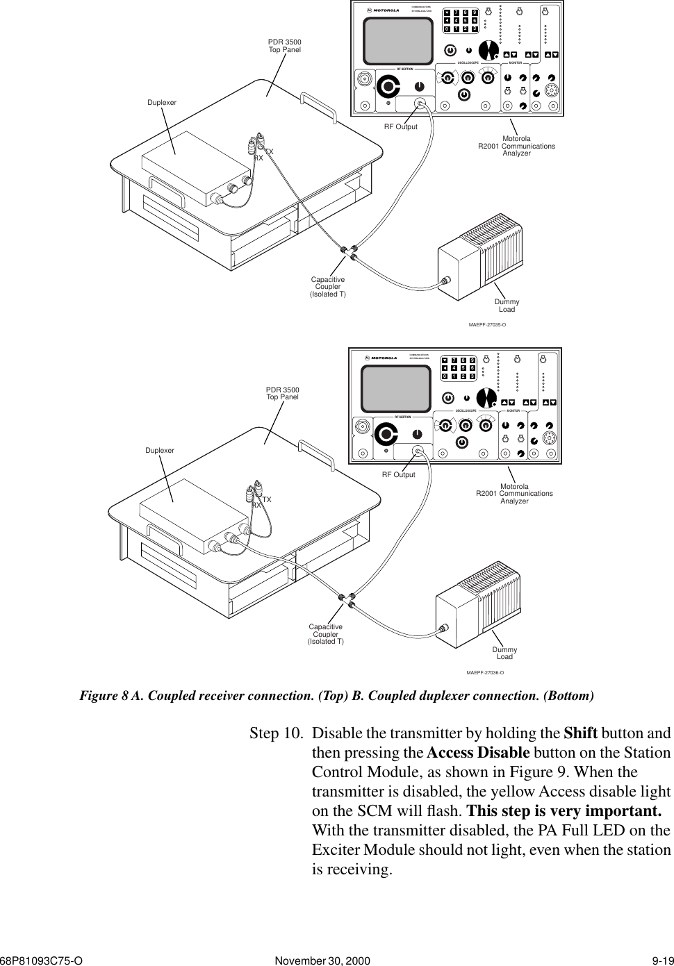 68P81093C75-O November 30, 2000  9-19Step 10.  Disable the transmitter by holding the Shift button and then pressing the Access Disable button on the Station Control Module, as shown in Figure 9. When the transmitter is disabled, the yellow Access disable light on the SCM will ﬂash. This step is very important. With the transmitter disabled, the PA Full LED on the Exciter Module should not light, even when the station is receiving.Figure 8 A. Coupled receiver connection. (Top) B. Coupled duplexer connection. (Bottom)RXTXRF SECTIONMONITOROSCILLOSCOPECOMMUNICATIONSSYSTEM ANALYZER1023456789DuplexerPDR 3500Top PanelCapacitiveCoupler(Isolated T)RF OutputMotorolaR2001 CommunicationsAnalyzerDummyLoadMAEPF-27035-ORXTXRF SECTIONMONITOROSCILLOSCOPECOMMUNICATIONSSYSTEM ANALYZER1023456789DuplexerPDR 3500Top PanelCapacitiveCoupler(Isolated T)RF OutputMotorolaR2001 CommunicationsAnalyzerDummyLoadMAEPF-27036-O