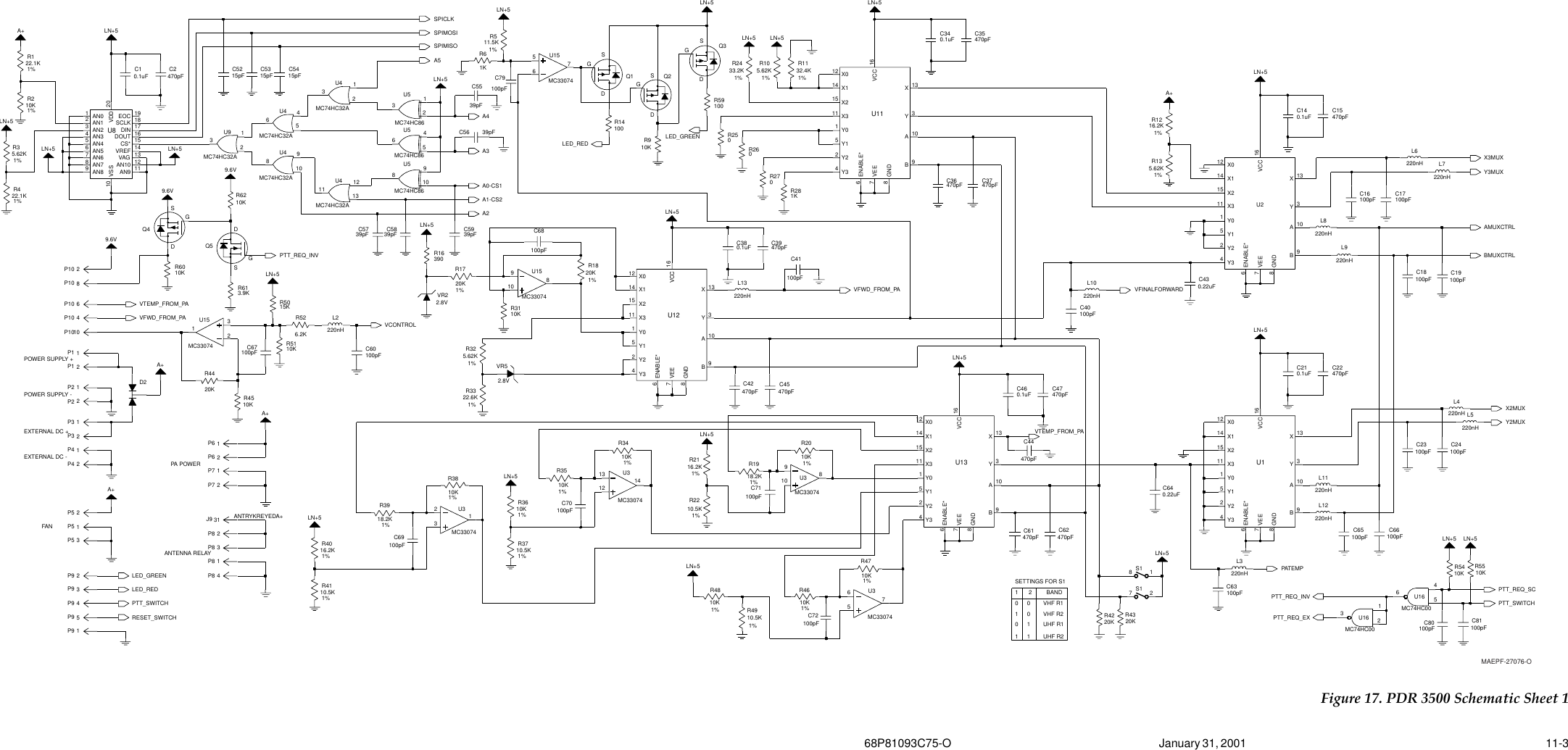  68P81093C75-O January 31, 2001   11-3 Figure 17. PDR 3500 Schematic Sheet 101111VHF R1VHF R2UHF R1UHF R2POWER SUPPLY +POWER SUPPLY -EXTERNAL DC +EXTERNAL DC -FAN ANTENNA RELAYPA POWERSETTINGS FOR S11 2 BAND0002P3 2P3 1P4 1P1P1 1A+P2 1108U4MC74HC32A123MC74HC32AU4 121311123U4MC74HC32A456MC74HC32AU4 9C22470pFMC74HC32AU93902.8VVR2U15MC33074910 8R16100pF 100pFC19C18100pFC17100pF81A+C16C14S10.1uFC36470pFC35470pFLN+5C340.1uFR281KR2700R261%R250Y1Y05Y12Y24Y3LN+533.2KR24GNDVCC 167 VEE13X12 X014 X115 X211 X3 3231U210A9BENABLE*68MC33074U3131214U3MC33074456U5MC74HC869108LN+5U5MC74HC86123MC74HC86U518VAG 13VDD 20VREF 14VSS10A+7AN78AN89AN9 11CS* 15DIN 17DOUT 16EOC 19SCLKAN01AN12AN10 12AN23AN34AN45AN56AN62U8P2 218.2KR391%P4470pFC474Y30.1uFC4612 X014 X115 X211 X3 3Y1Y05Y12Y210A9B6ENABLE*8GNDVCC 167 VEE13XU13VR52.8VC15R3110K470pF0.1uFC2470pF910 8C1MC33074U3 Y01Y15Y22Y34C210.1uF16VCCVEE7X13X012X114X215X311 Y3U1A10B9ENABLE*6GND839pFC58470pFC37LN+515pF15pFC53 C54C5215pFP5 1A+LN+5LN+5LN+5 LN+5LN+5Y15Y22Y3416.2KR211%VEE7X13X012X114X215X311 Y3Y01U11A10B96ENABLE*GND816VCC6571%10KR48LN+5LN+5LN+5LN+5MC33074U3P10 4P10109.6V2P10 8P10 6470pFP10470pFC42 C45470pFC390.1uFC3811 X3 3Y1Y05Y12Y24Y3ENABLE*68GNDVCC 167 VEE13X12 X014 X115 X2U1210A9BR4220KS172LN+5R4320KP5 3C5939pFL2220nHL8220nHL6220nHL4220nHC23100pF 100pFC24C640.22uF100pF220nHL3C631%R3610K5.62KR321%16.2KR401%R191%1%R3410KR135.62K1%R1216.2K18.2K1%5.62KR101%1%P5 25.62KR310.5KR491%D2657LN+5U16MC74HC00123LN+5Q2DGSU15MC330742A+Q1DGS1P6 2P7 1P7P8 4J9 31P6P8 3C60100pFR4510K231R4420KMC33074U15C56C5539pF39pFC40C5739pFL9220nH100pF1%R3810KR3510KL7220nH220nHL51%1%R122.1K10KR21%R2010K1%R2210.5KR1820K20KR171%1%R422.1K1%R1132.4K1%R55LN+5 LN+51%R5410K 10K1P8 2100pFC68P8C67100pFC69100pFC70100pFC71100pF220nHC72100pFL11220nHL13220nHL12C66100pF100pFC653.9KR6110KR629.6V9.6VQ5DGSR6010K10.5KR371%P9 3P9 4P9 51%R4110.5KP9 2Q4DGSP9 1470pFC62LN+5C61470pFC44470pFC430.22uFC41100pFLN+5LN+5C80 C81100pF220nH100pFR6L10MC74HC00U164561KR59100R3322.6K1%R511.5K6.2KLN+51%R51R5215KR5010K100pFC79100R14LN+510KR91%Q3DGSLED_GREENPTT_REQ_SCPTT_REQ_INV1%R4610K10KR47VFWD_FROM_PA VFINALFORWARDVTEMP_FROM_PAVCONTROLVTEMP_FROM_PAVFWD_FROM_PAPATEMPANTRYKREYEDA+LED_REDLED_GREENLED_REDPTT_SWITCHRESET_SWITCHPTT_REQ_INVPTT_REQ_EXPTT_SWITCHSPIMOSISPIMISOSPICLKA4A3A0-CS1A5A1-CS2A2AMUXCTRLBMUXCTRLX3MUXY3MUXX2MUXY2MUXMAEPF-27076-O