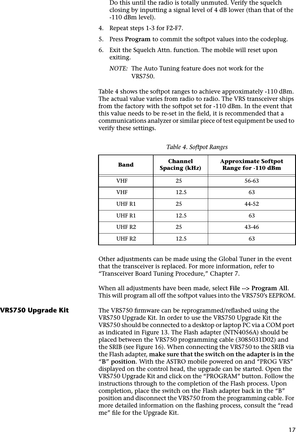 17Do this until the radio is totally unmuted. Verify the squelch closing by inputting a signal level of 4 dB lower (than that of the-110 dBm level).4. Repeat steps 1-3 for F2-F7.5. Press Program to commit the softpot values into the codeplug.6. Exit the Squelch Attn. function. The mobile will reset upon exiting.NOTE: The Auto Tuning feature does not work for the VRS750.Table 4 shows the softpot ranges to achieve approximately -110 dBm. The actual value varies from radio to radio. The VRS transceiver ships from the factory with the softpot set for -110 dBm. In the event that this value needs to be re-set in the ﬁeld, it is recommended that a communications analyzer or similar piece of test equipment be used to verify these settings.Other adjustments can be made using the Global Tuner in the event that the transceiver is replaced. For more information, refer to “Transceiver Board Tuning Procedure,” Chapter 7.When all adjustments have been made, select File --&gt; Program All. This will program all off the softpot values into the VRS750’s EEPROM.VRS750 Upgrade Kit The VRS750 ﬁrmware can be reprogrammed/reﬂashed using the VRS750 Upgrade Kit. In order to use the VRS750 Upgrade Kit the VRS750 should be connected to a desktop or laptop PC via a COM port as indicated in Figure 13. The Flash adapter (NTN4056A) should be placed between the VRS750 programming cable (3085031D02) and the SRIB (see Figure 16). When connecting the VRS750 to the SRIB via the Flash adapter, make sure that the switch on the adapter is in the “B” position. With the ASTRO mobile powered on and “PROG VRS” displayed on the control head, the upgrade can be started. Open the VRS750 Upgrade Kit and click on the “PROGRAM” button. Follow the instructions through to the completion of the Flash process. Upon completion, place the switch on the Flash adapter back in the “B” position and disconnect the VRS750 from the programming cable. For more detailed information on the ﬂashing process, consult the “read me” ﬁle for the Upgrade Kit.Table 4. Softpot RangesBand Channel Spacing (kHz)Approximate Softpot Range for -110 dBmVHF 25 56-63VHF 12.5 63UHF R1 25 44-52UHF R1 12.5 63UHF R2 25 43-46UHF R2 12.5 63